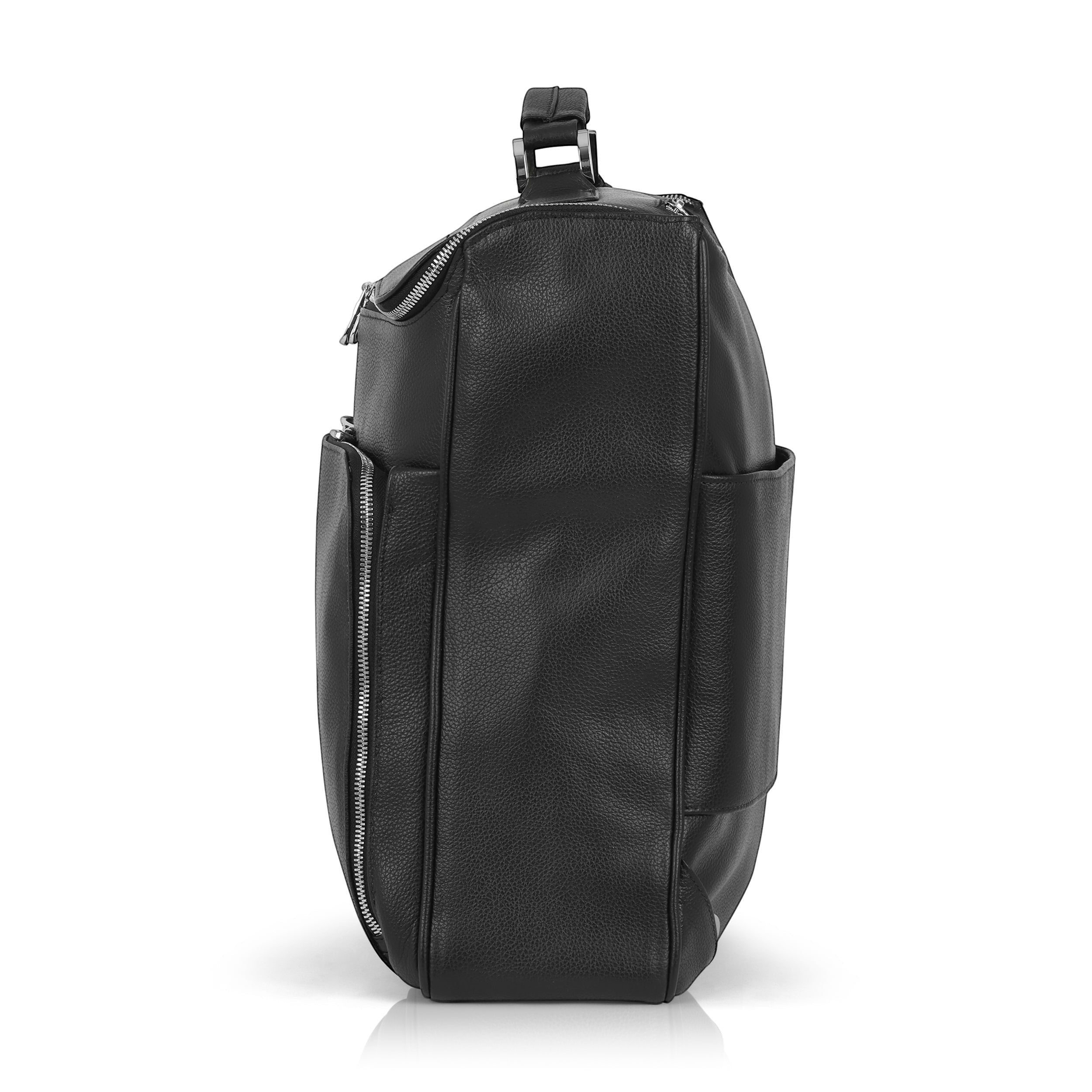 Luis Steven black pebble leather briefcase-style laptop backpack with top handle and silver zippers.