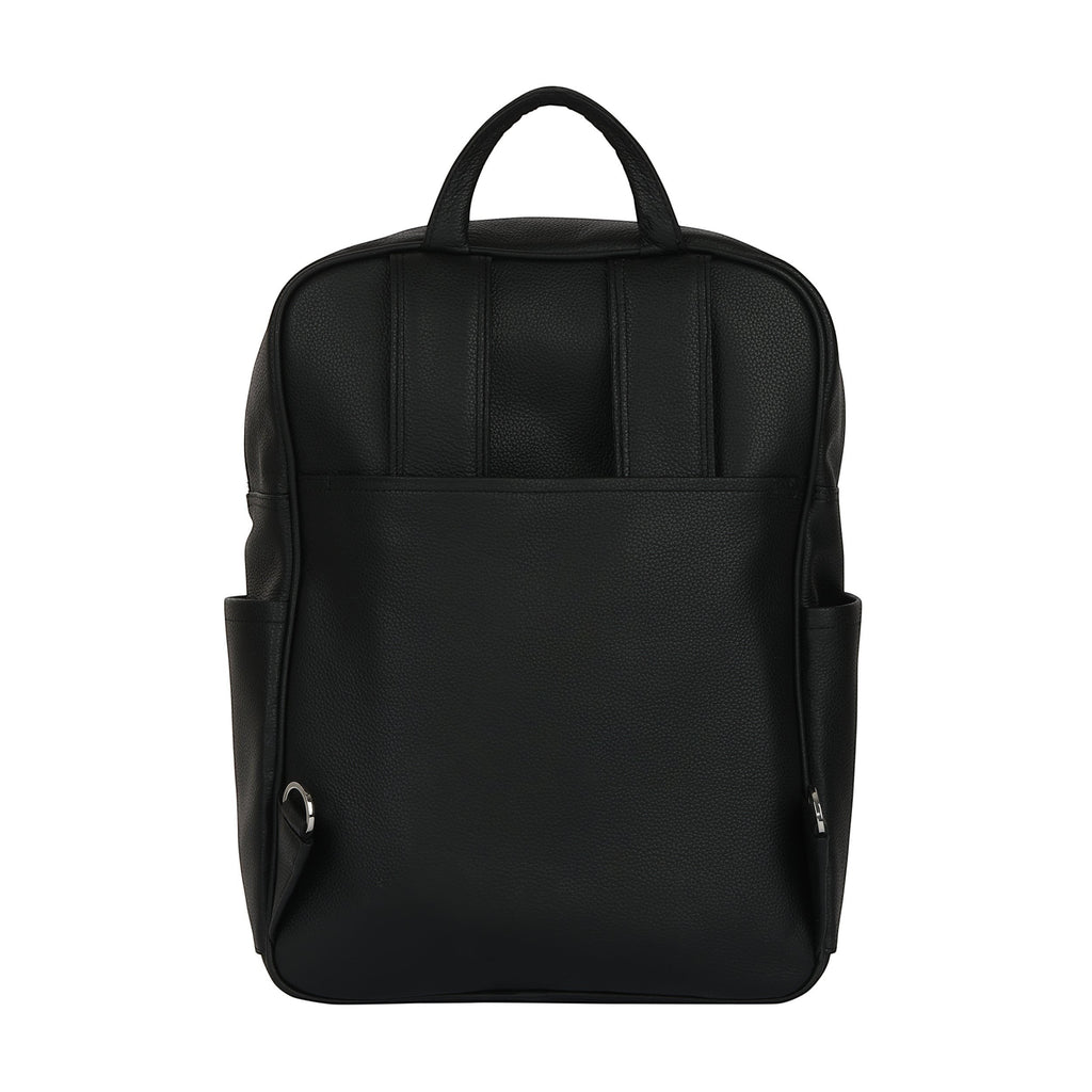 Luis Steven black Italian pebble leather professional backpack with top handle and side pockets, back view