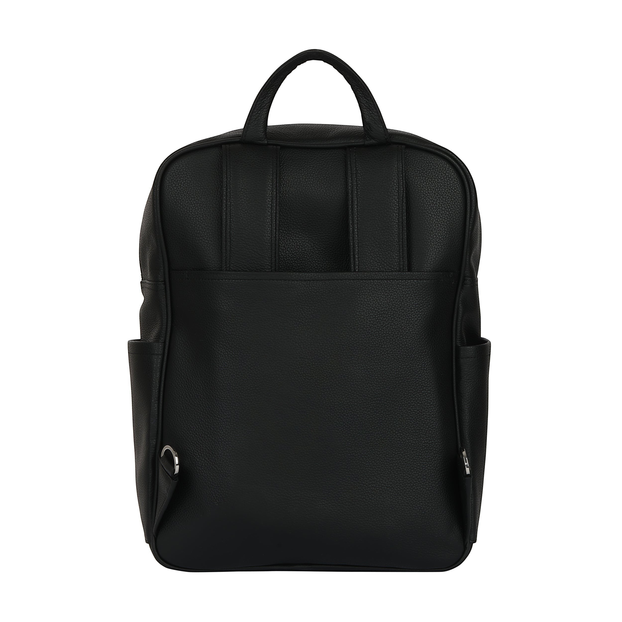 Luis Steven black Italian pebble leather professional backpack with top handle and side pockets, back view