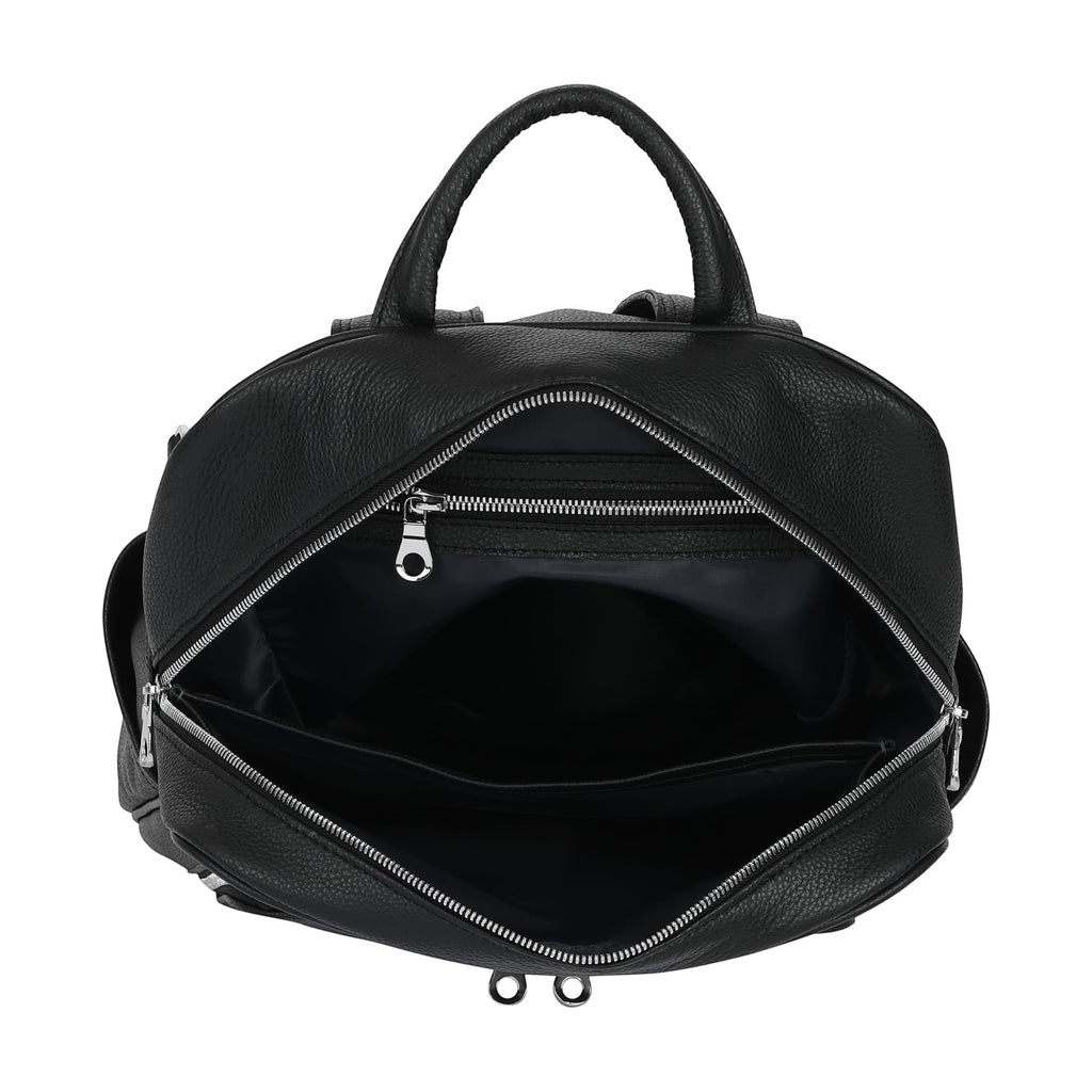 Luis Steven black Italian pebble leather backpack with open top zipper and interior organizational pockets
