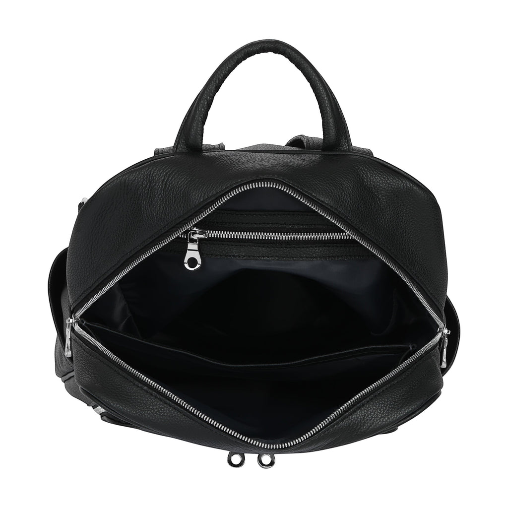 Luis Steven black Italian pebble leather backpack with open top zipper and interior organizational pockets