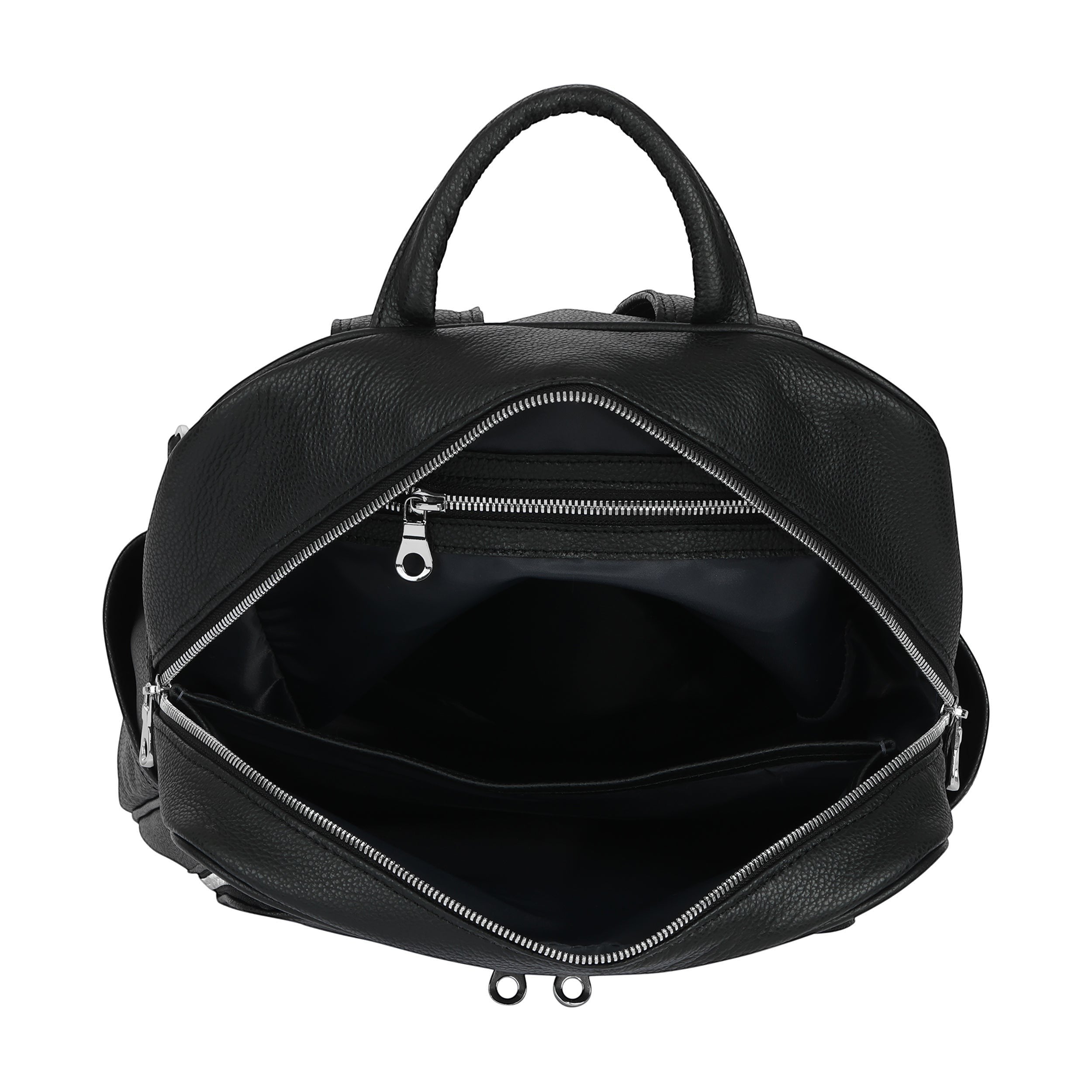 Luis Steven black Italian pebble leather backpack with open top zipper and interior organizational pockets