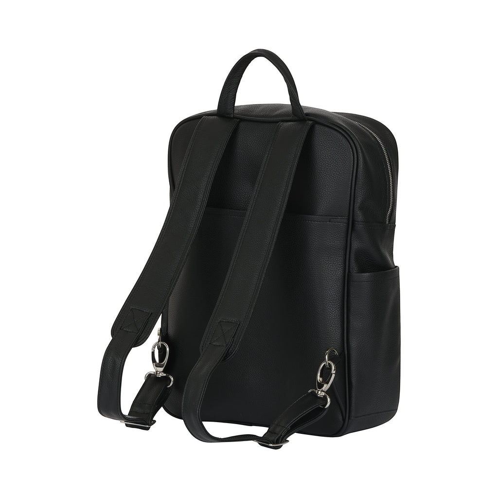 Luis Steven black Italian pebble leather backpack showing adjustable straps and side pockets from a rear view