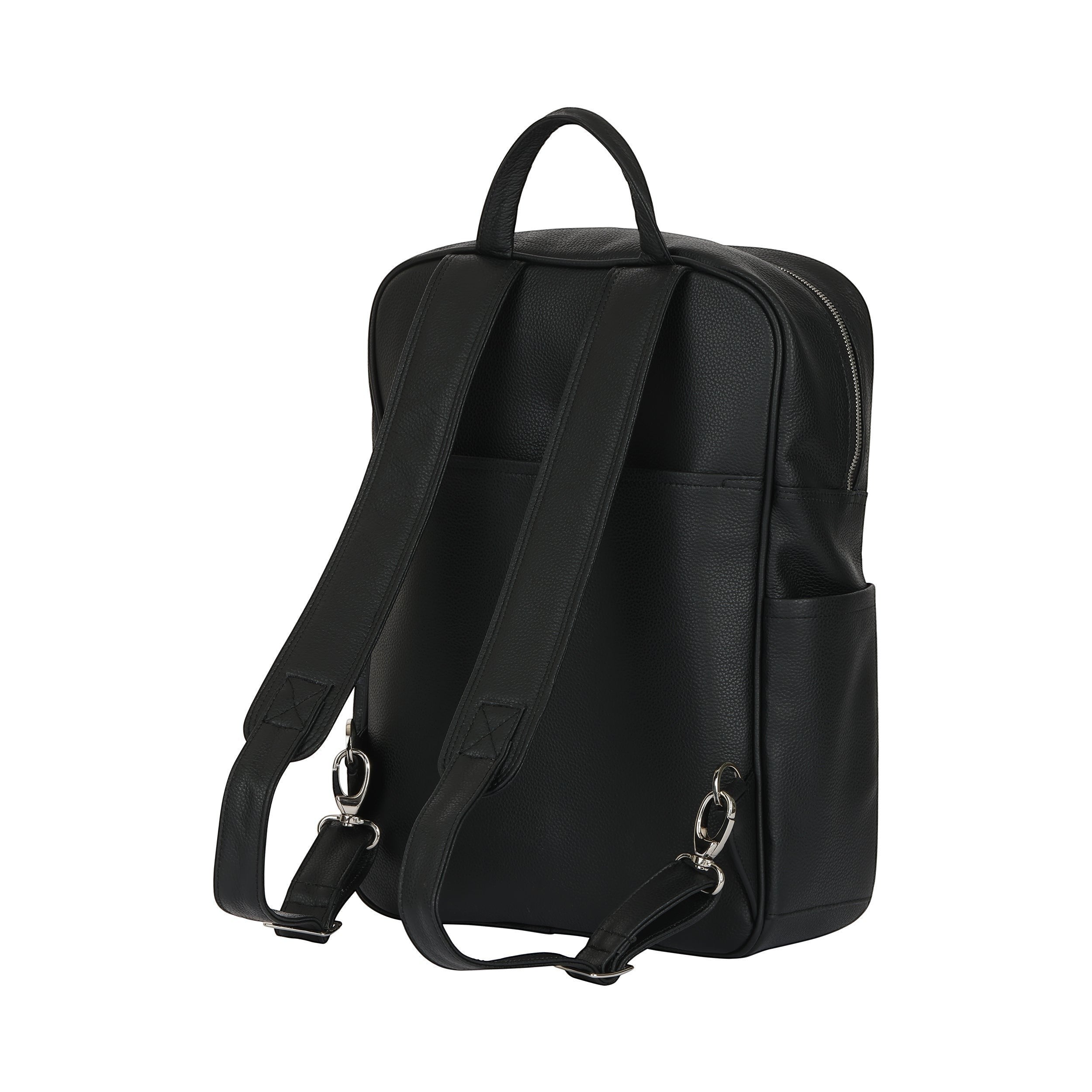 Luis Steven black Italian pebble leather backpack showing adjustable straps and side pockets from a rear view