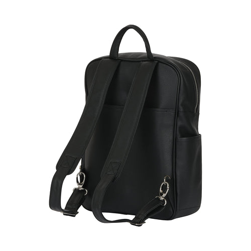 Luis Steven black Italian pebble leather backpack showing adjustable straps and side pockets from a rear view