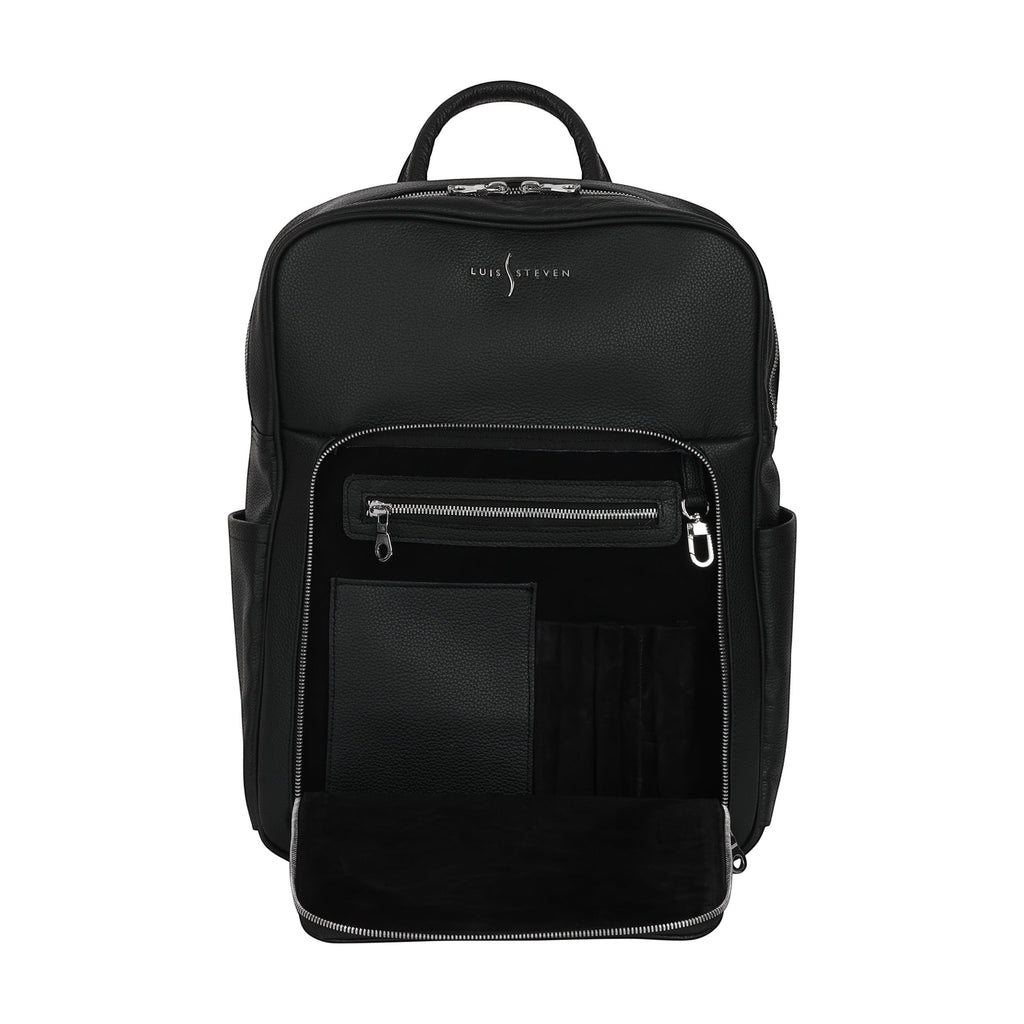 Luis Steven black Italian pebble leather professional backpack with front zippered organizer pocket open