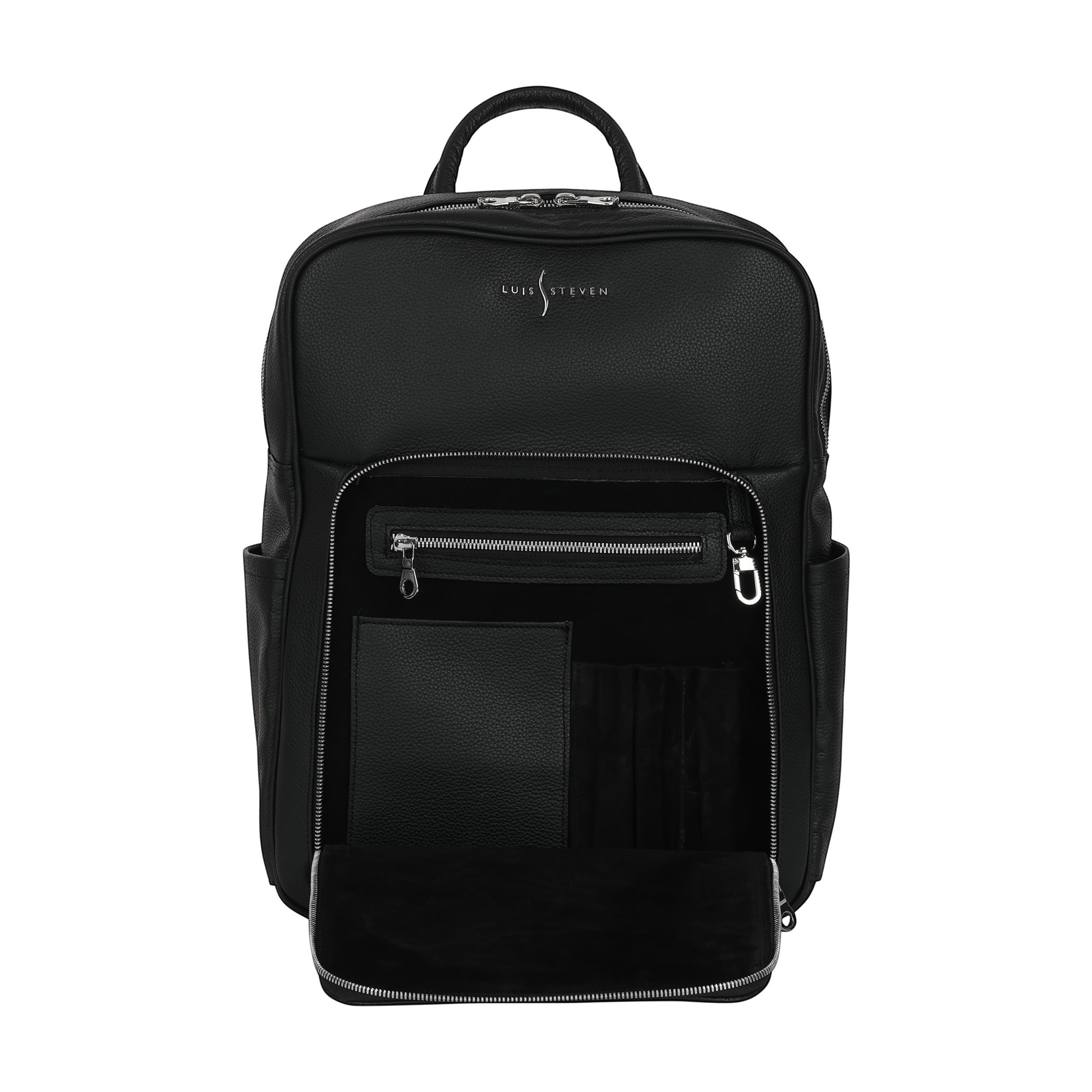 Luis Steven black Italian pebble leather professional backpack with front zippered organizer pocket open
