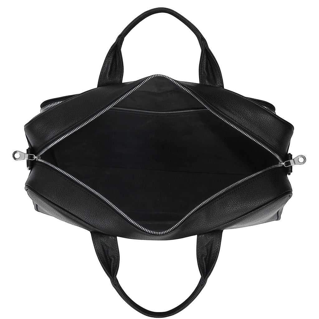 Luis Steven black pebble leather briefcase with suede interior, top handles, and silver zippers. Fits up to 16" laptops.