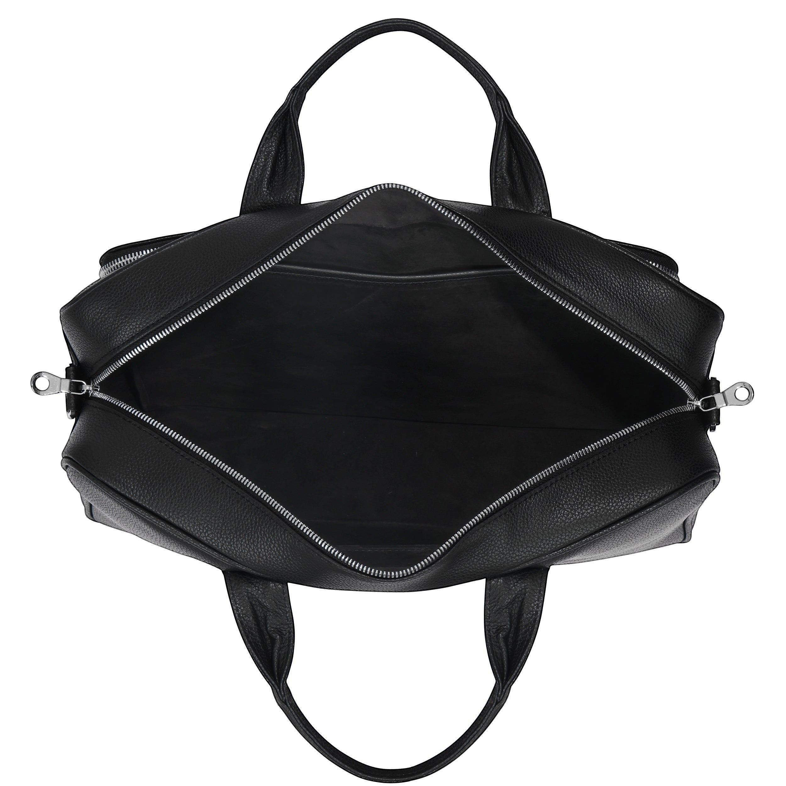 Luis Steven black pebble leather briefcase with suede interior, top handles, and silver zippers. Fits up to 16" laptops.