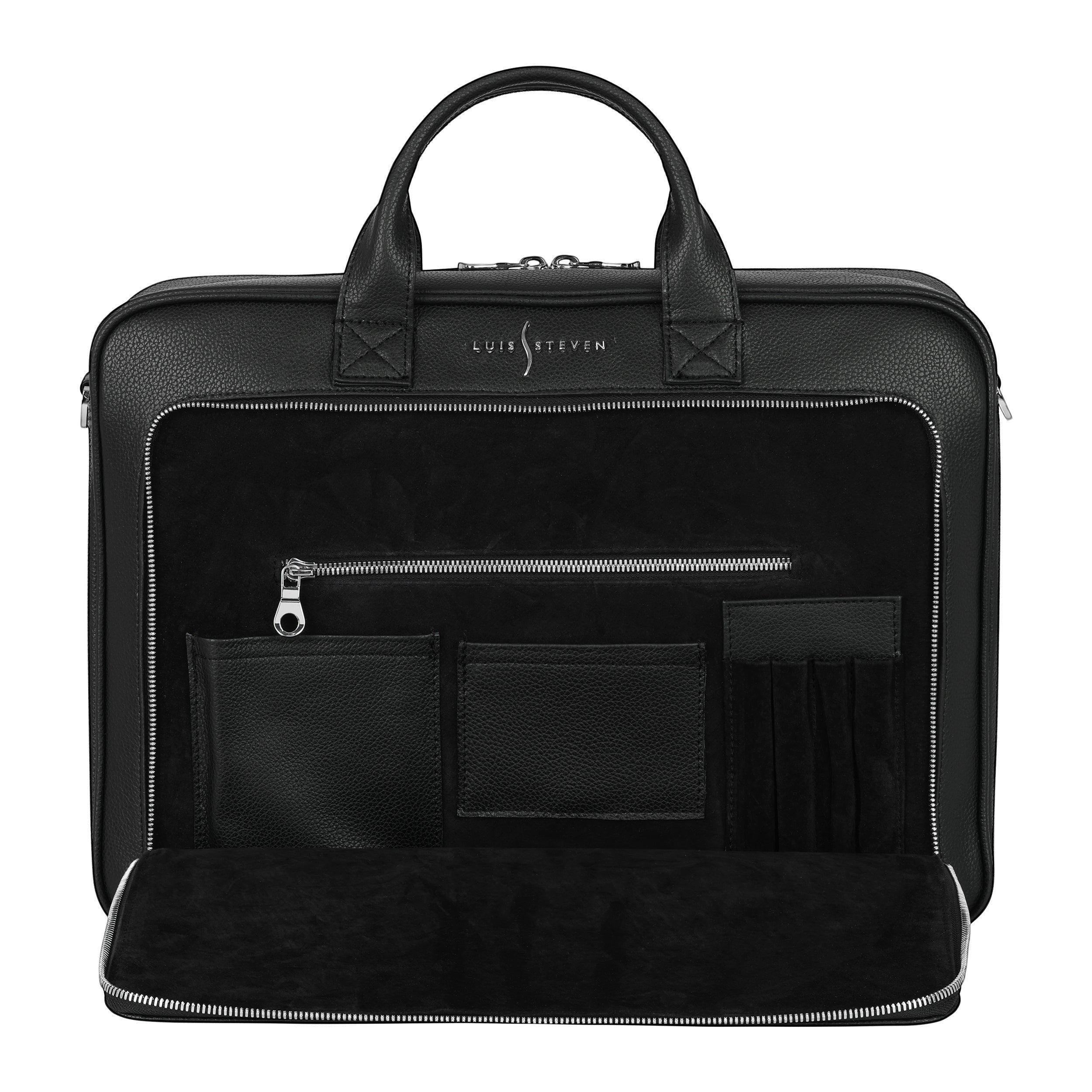 Luis Steven black pebble leather briefcase with suede interior, top handle, and front organizer pockets. Fits up to 16" laptops.