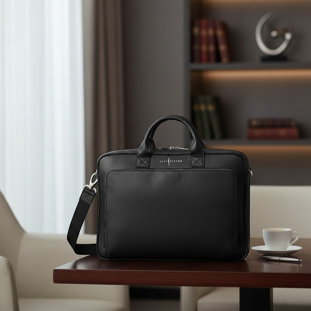 Luis Steven black pebble leather briefcase with top handle and crossbody strap, fits 15" laptops.