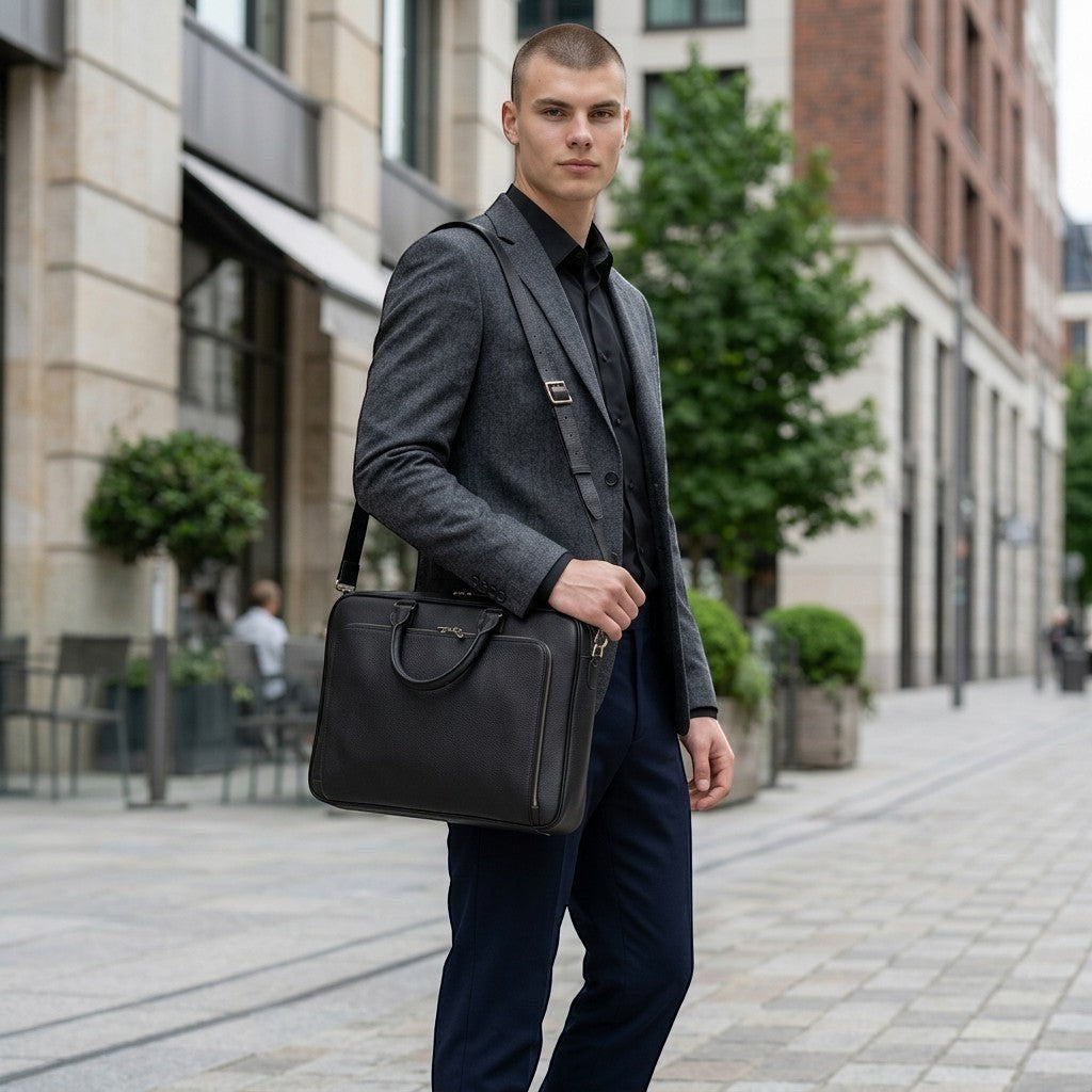 Luis Steven black pebble leather briefcase with suede interior, top handle, and zippered pockets. Fits up to 16" laptop.