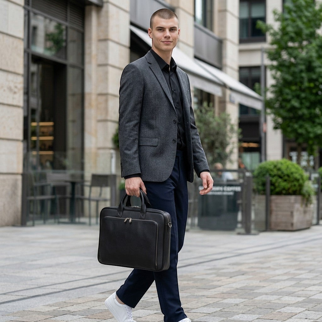 Luis Steven black pebble leather briefcase with top handle and crossbody strap, fits 15" laptops.