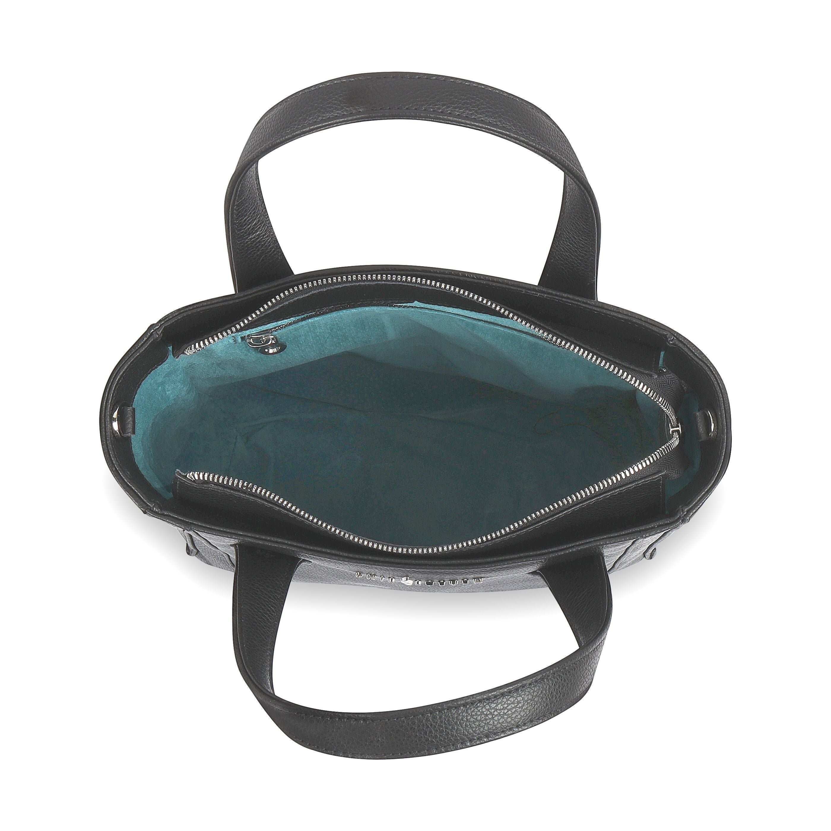 Luis Steven black pebble leather bucket tote bag with a teal suede interior and top zipper closure, top-down view.