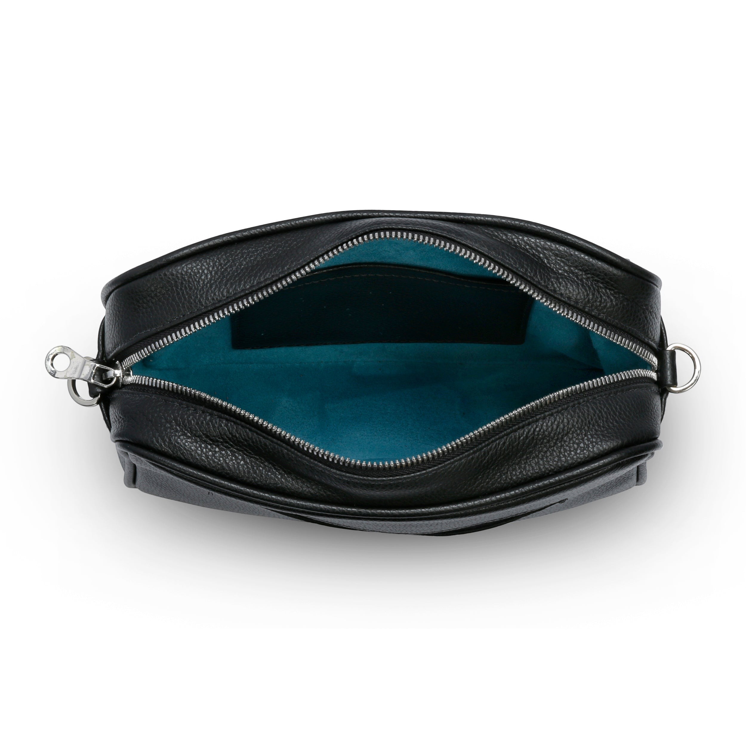 Luis Steven black pebble leather camera bag with a vibrant blue suede interior and nickel zipper hardware