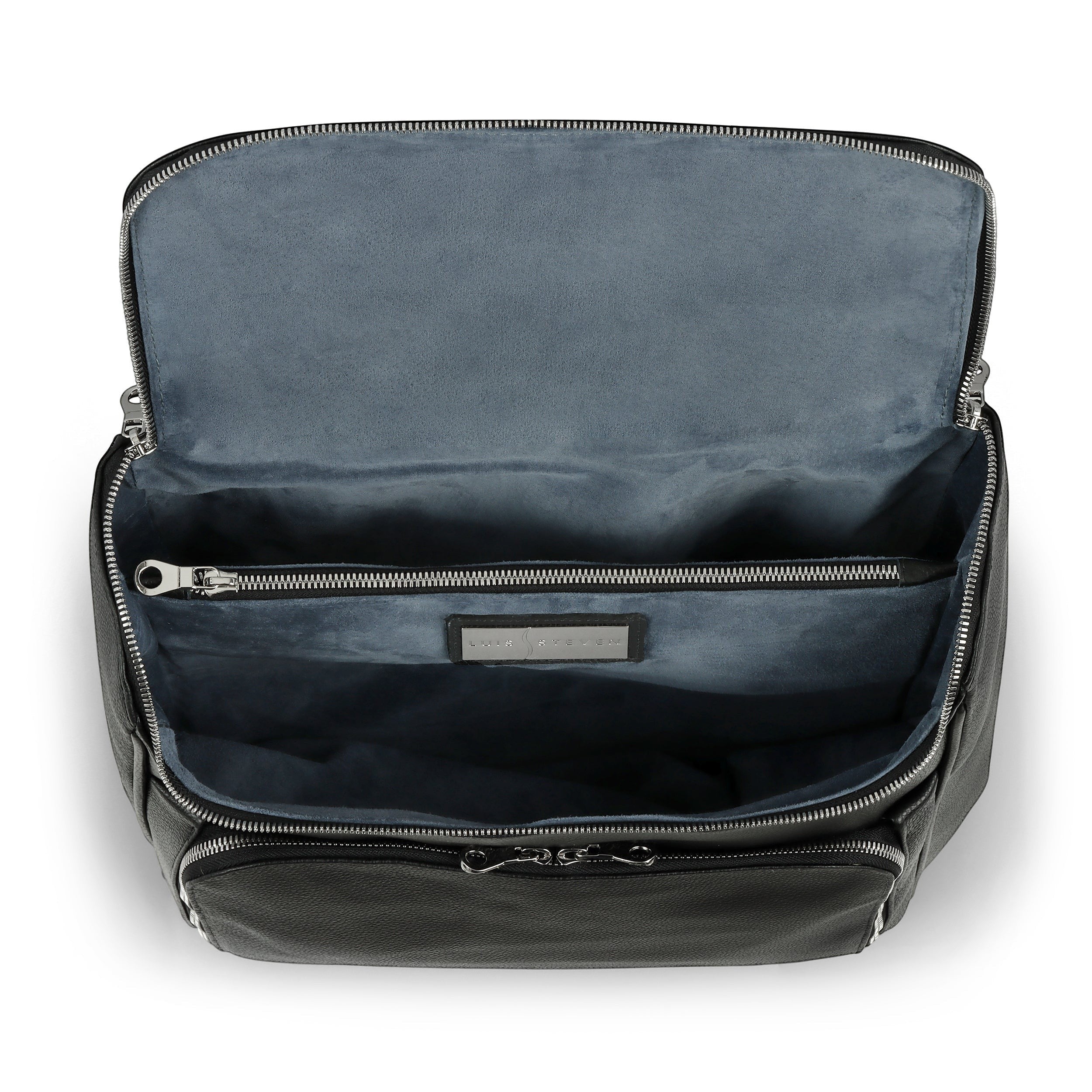 Luis Steven black pebble leather briefcase-style laptop backpack with suede lining and nickel zippers. Interior laptop sleeve and organizer pockets.