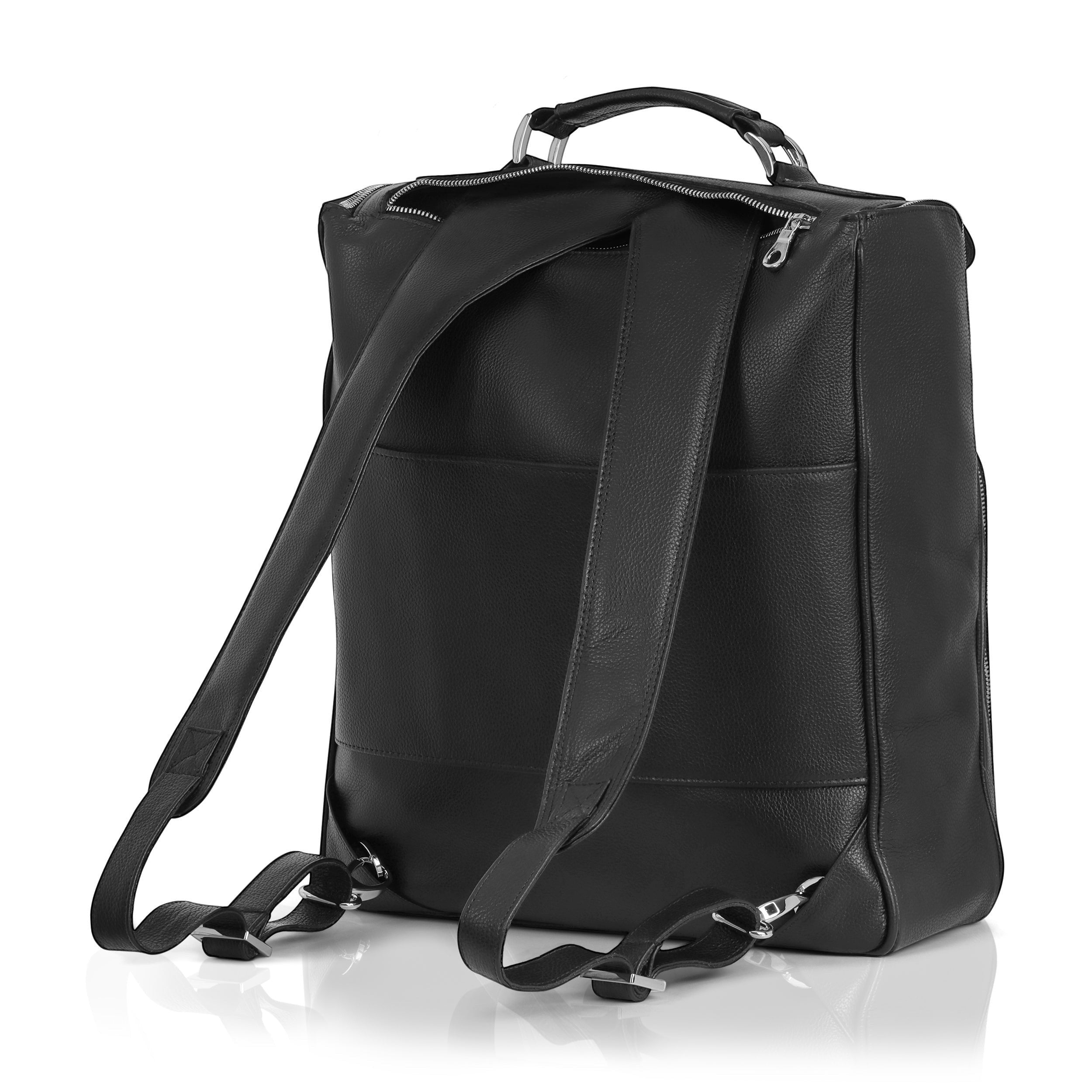Luis Steven black pebble leather briefcase-style laptop backpack with concealable straps and top handle.