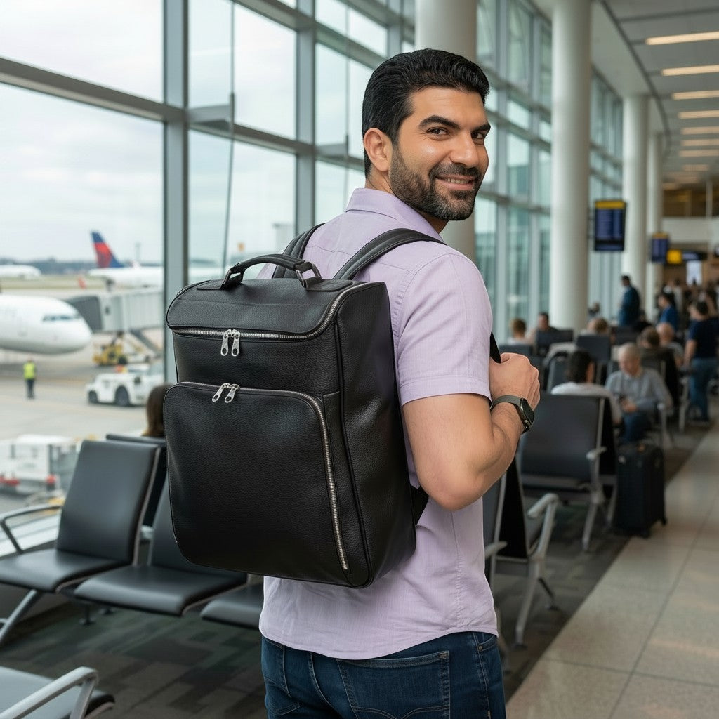 Luis Steven black pebble leather backpack with briefcase style, ideal for business travel, fits laptops up to 16".