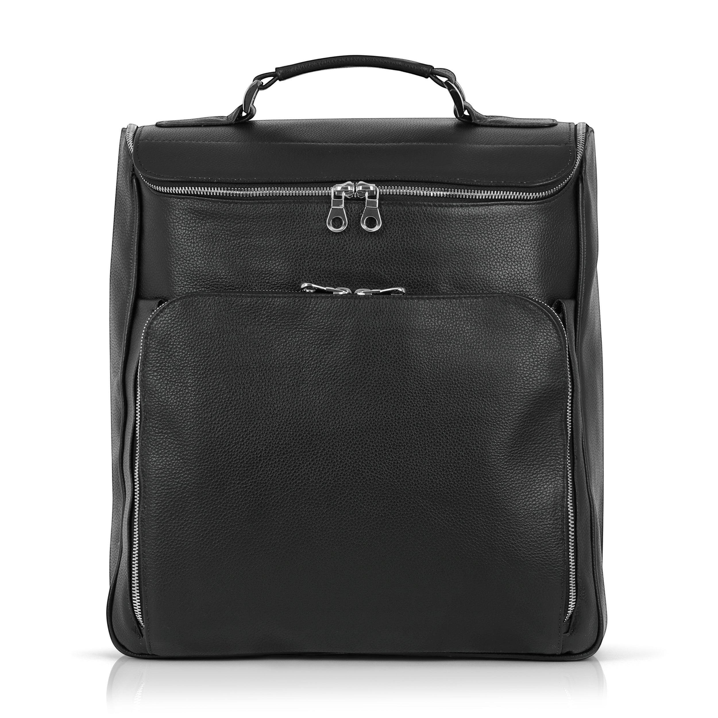 Luis Steven black pebble leather briefcase-style backpack with top handle and multiple zippered compartments.