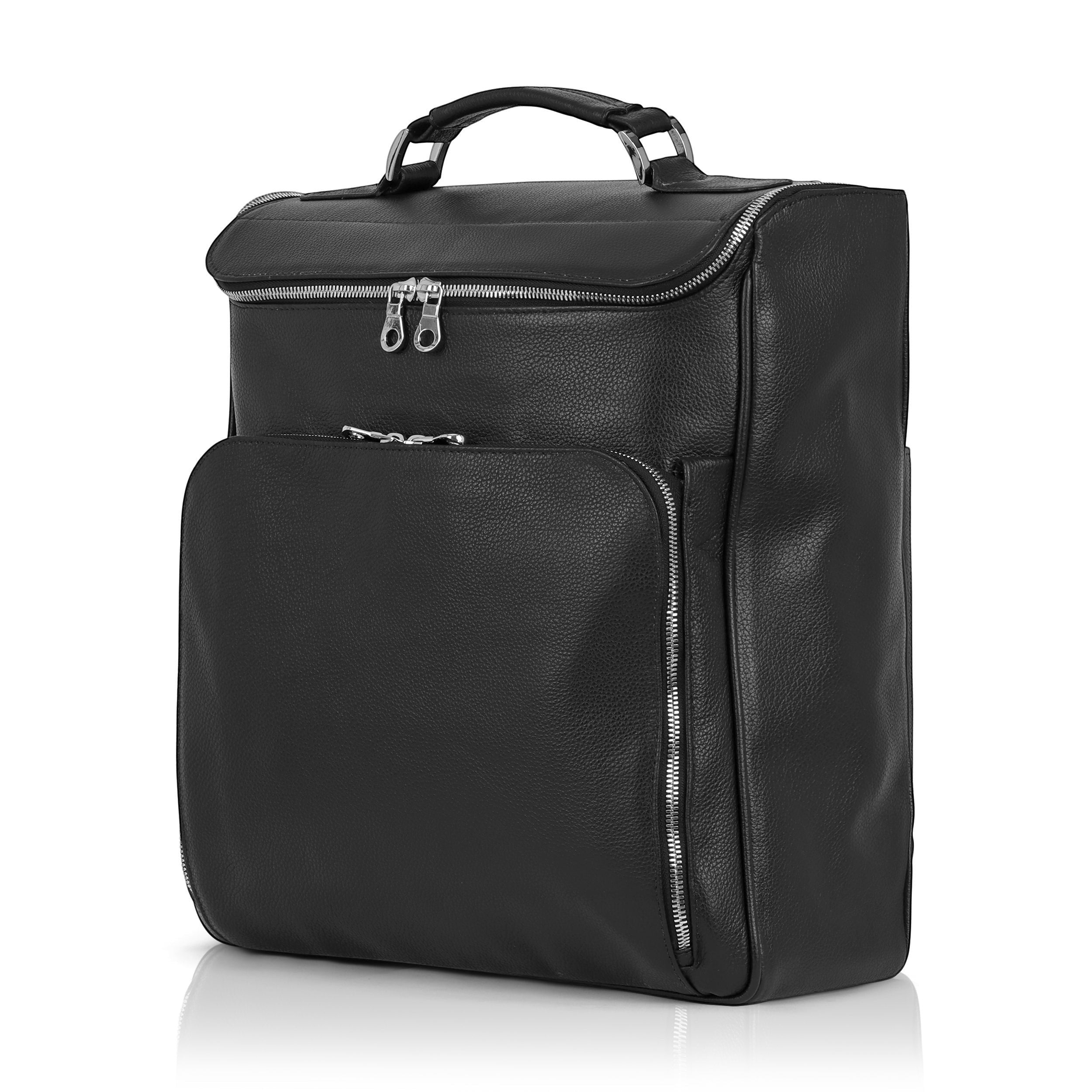 Luis Steven black pebble leather briefcase-style laptop backpack with top handle and silver zippers.