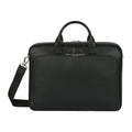 Luis Steven black pebble leather briefcase with top handles, detachable strap, and front zipper pocket. Fits up to 16" laptops.