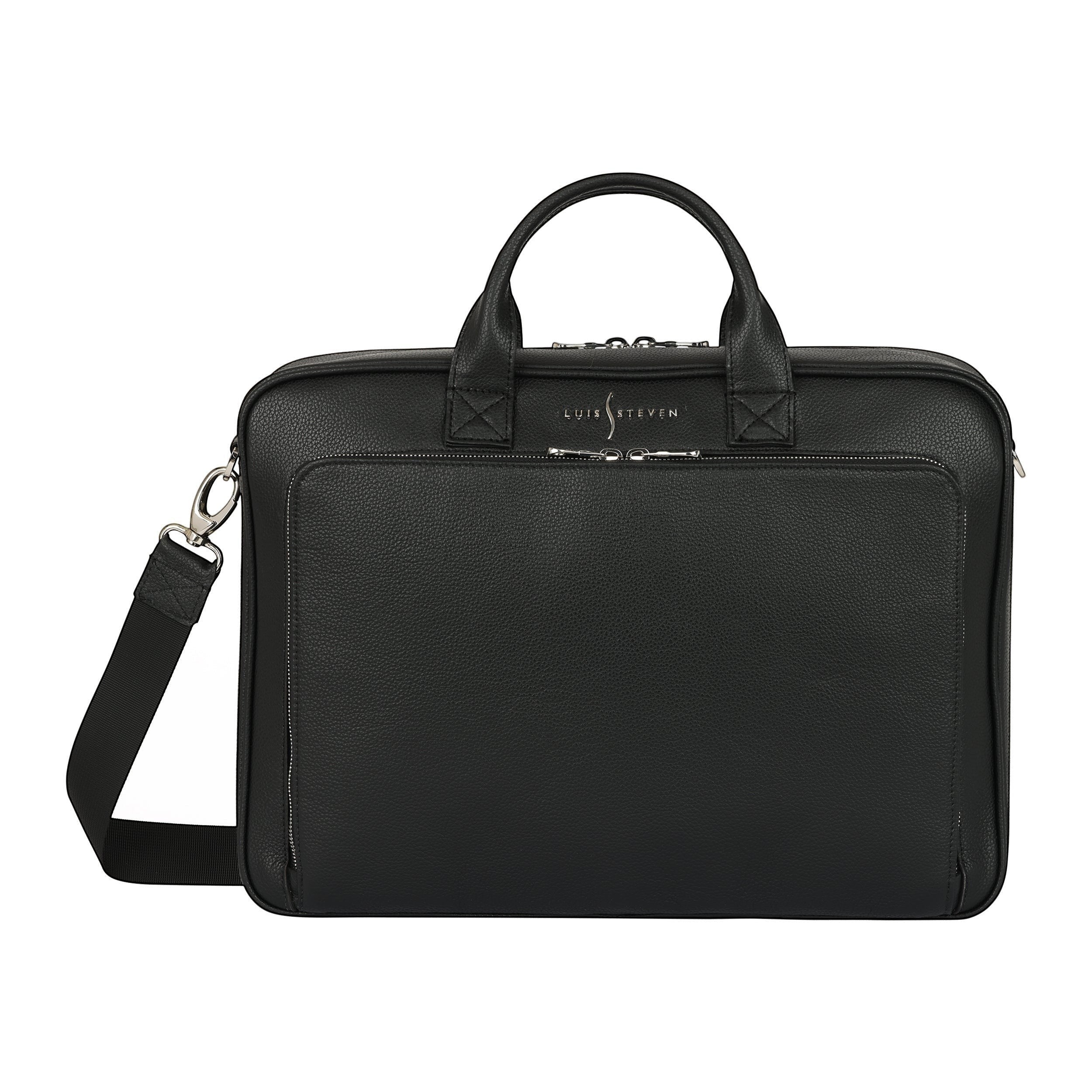 Luis Steven black pebble leather briefcase with top handles, detachable strap, and front zipper pocket. Fits up to 16" laptops.