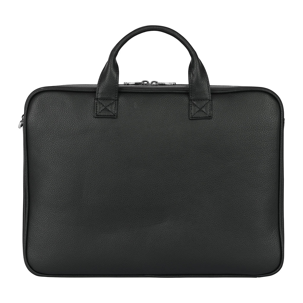 Luis Steven black pebble leather briefcase with top handles and nickel zippers. Fits up to 16" laptops.
