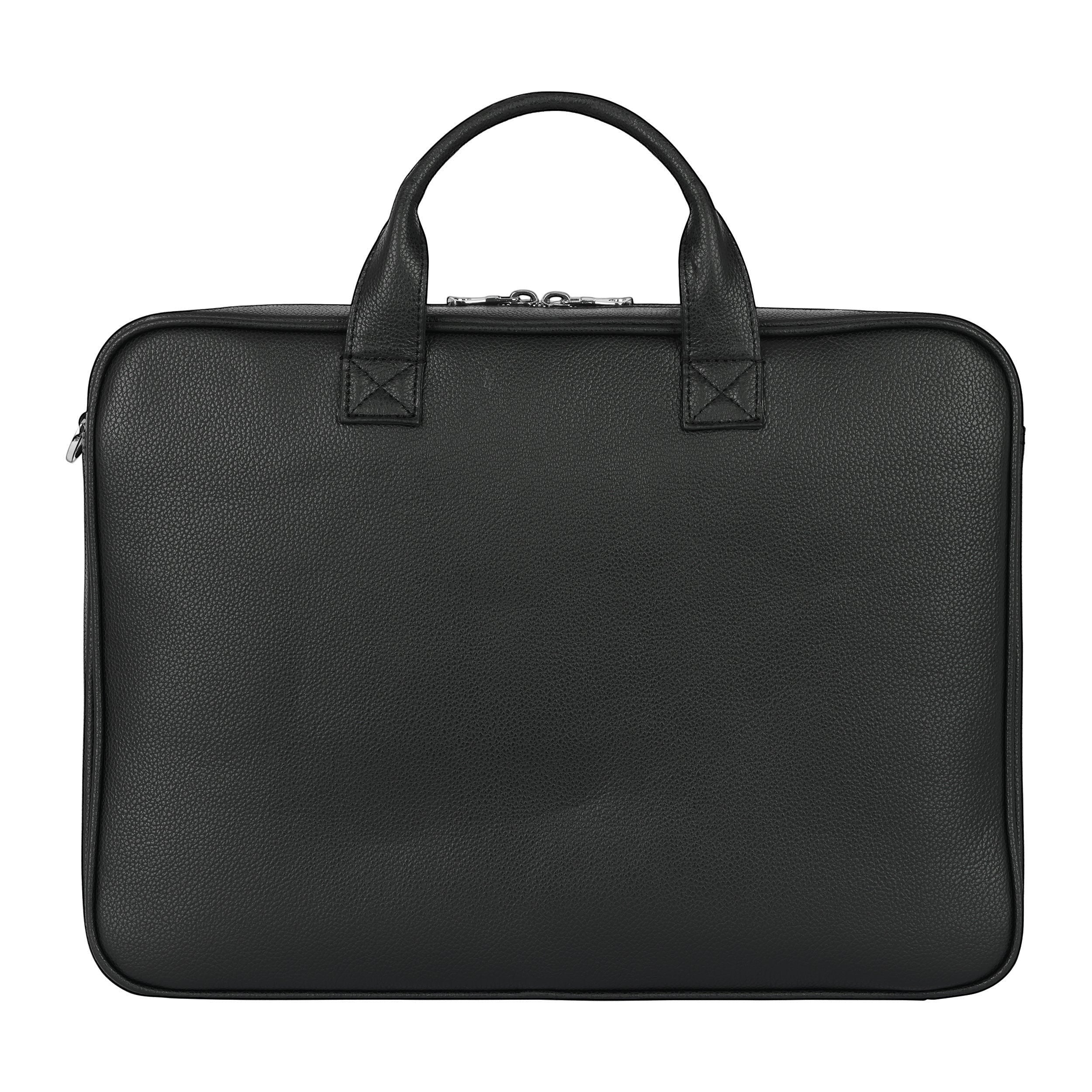 Luis Steven black pebble leather briefcase with top handles and nickel zippers. Fits up to 16" laptops.