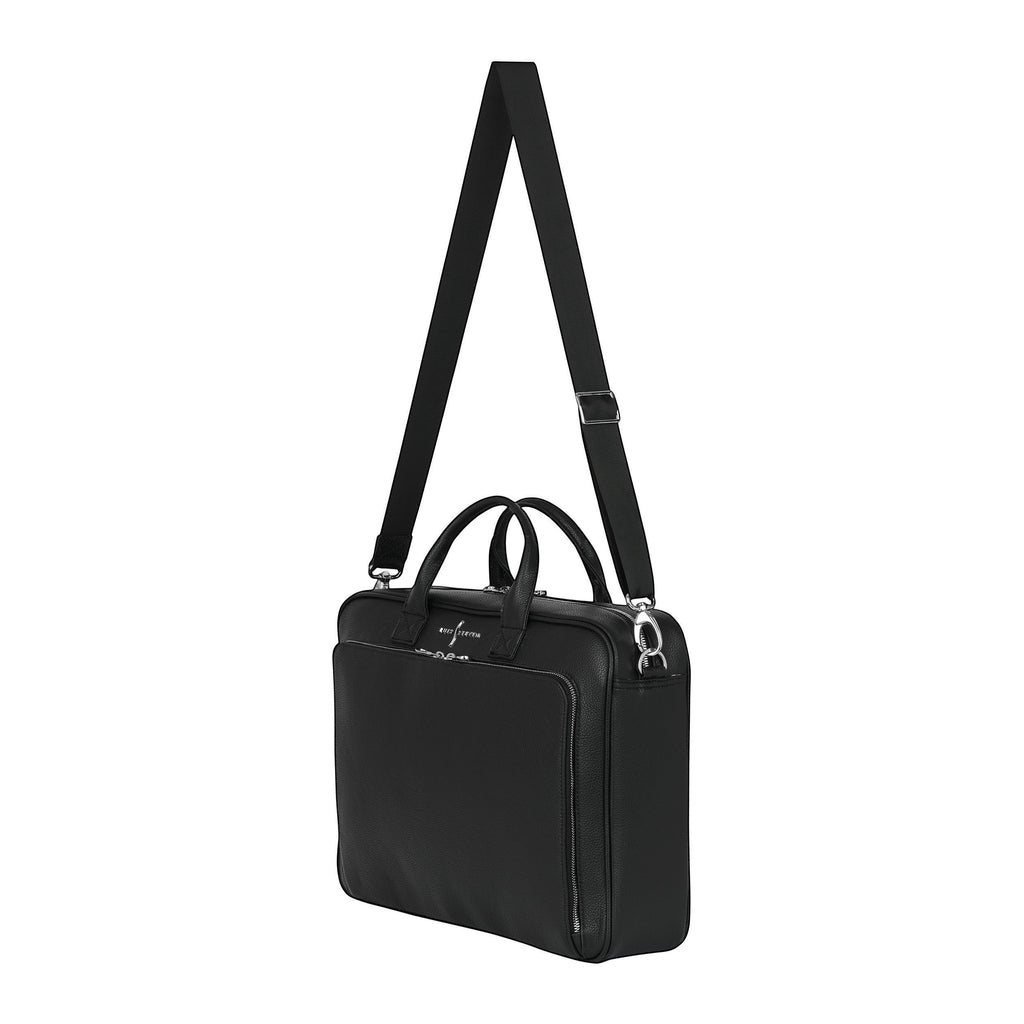 Luis Steven black pebble leather briefcase with top handles and adjustable crossbody strap, fits up to 16" laptop.