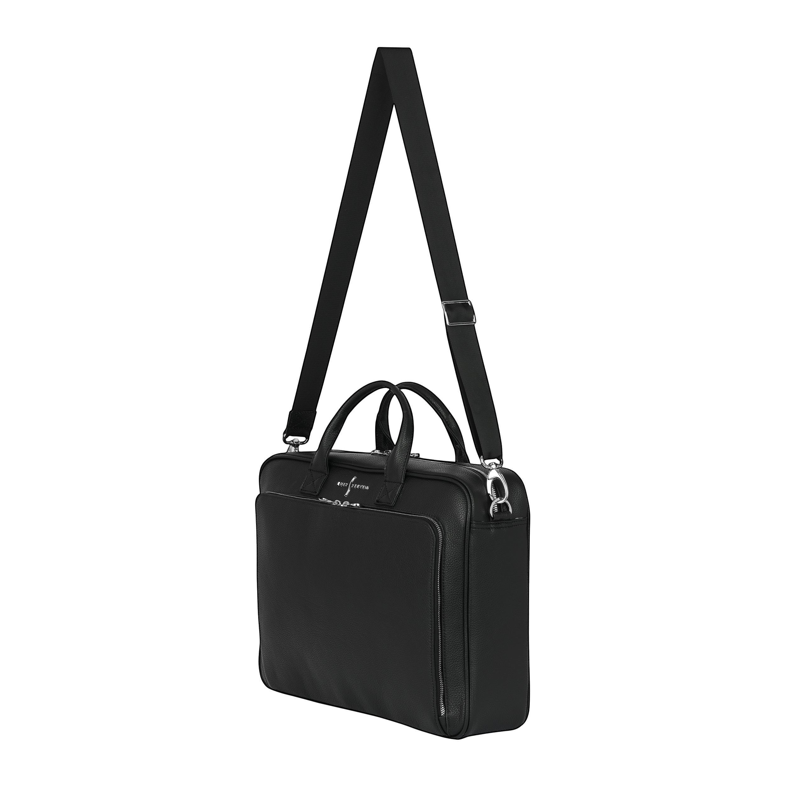 Luis Steven black pebble leather briefcase with top handles and adjustable crossbody strap, fits up to 16" laptop.