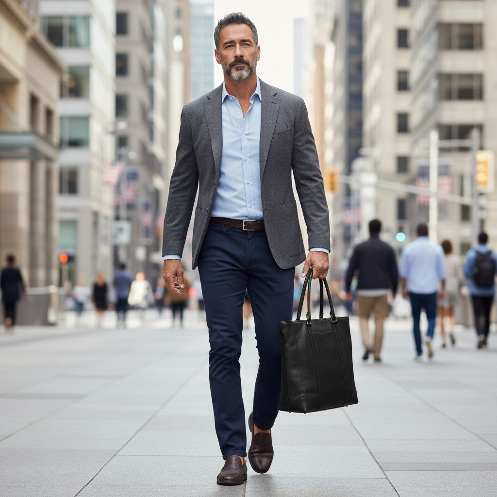 Luis Steven black pebble leather vertical laptop tote carried by a man in a grey blazer walking on a city street