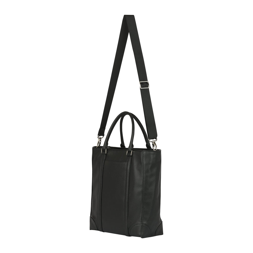 Luis Steven black pebble leather tall laptop tote with removable shoulder strap and nickel hardware