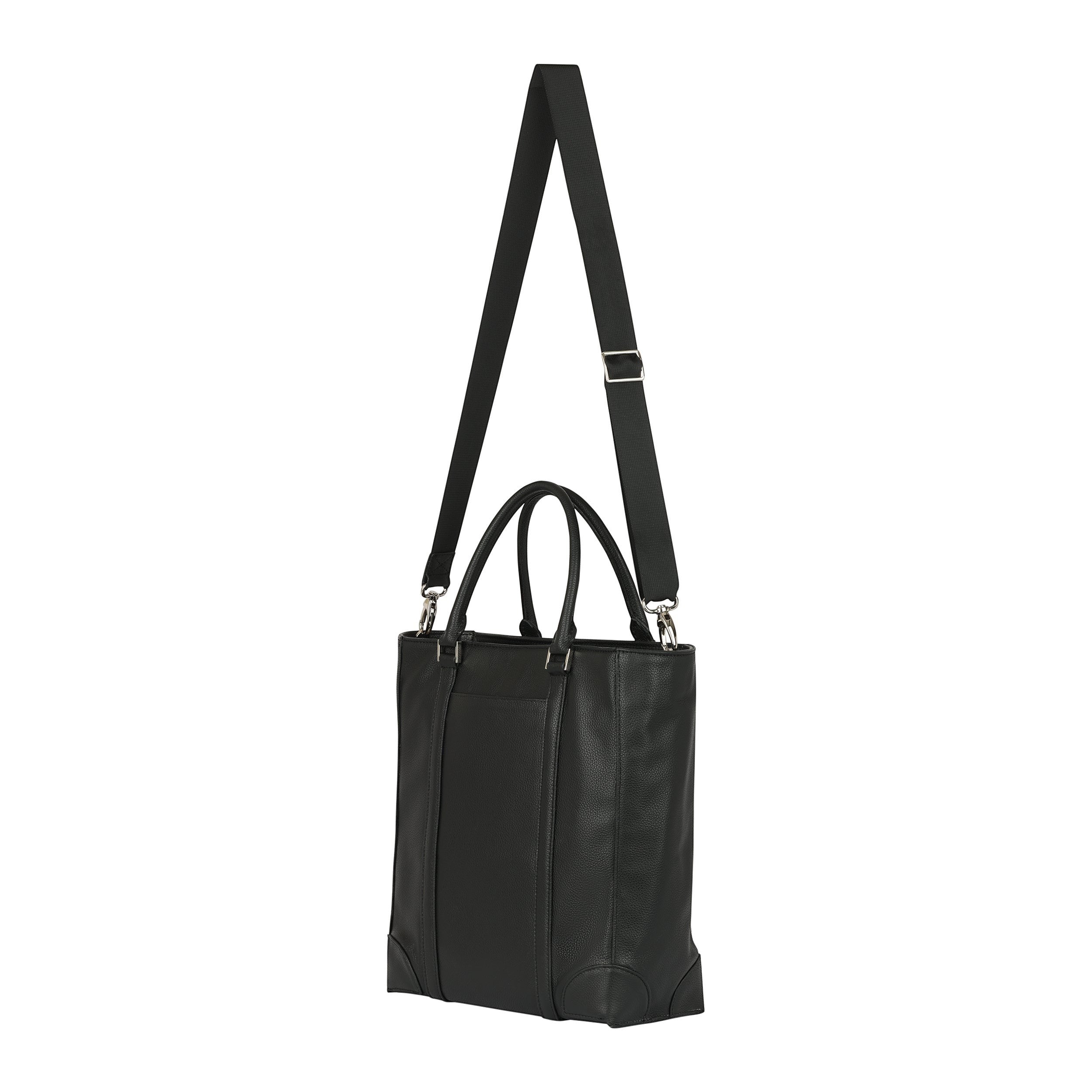 Luis Steven black pebble leather tall laptop tote with removable shoulder strap and nickel hardware