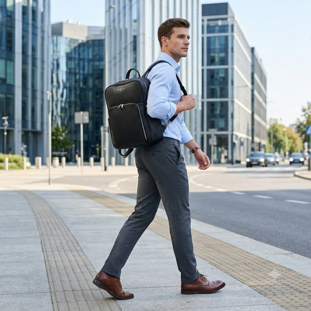 Man wearing a black Luis Steven Italian pebble leather professional backpack while walking in a city.