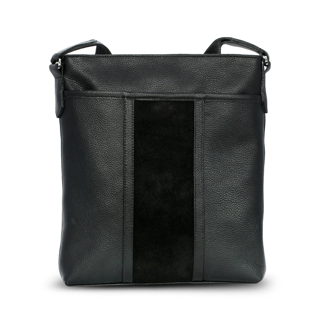 Luis Steven black pebble leather tablet crossbody bag with a central suede stripe and adjustable shoulder strap