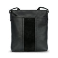 Luis Steven black pebble leather tablet crossbody bag with a central suede stripe and adjustable shoulder strap