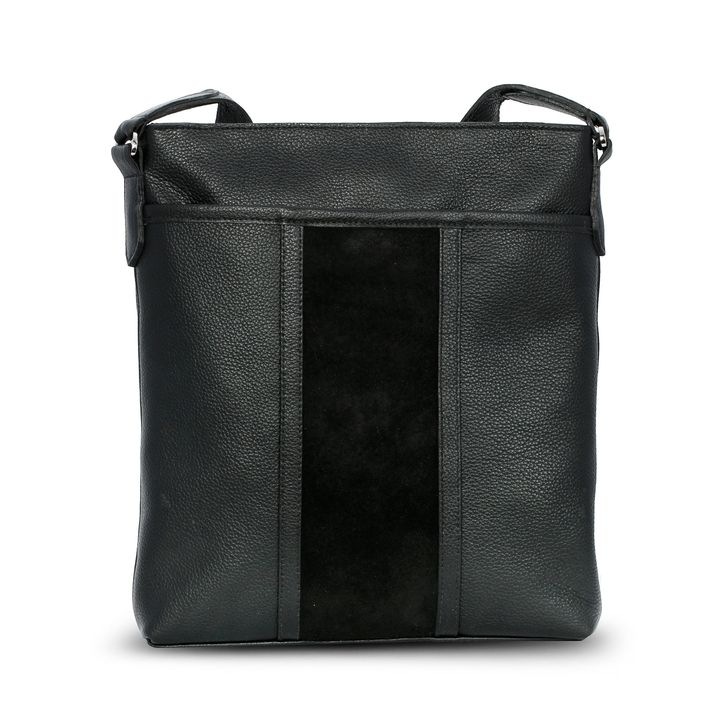 Luis Steven black pebble leather tablet crossbody bag with a central suede stripe and adjustable shoulder strap