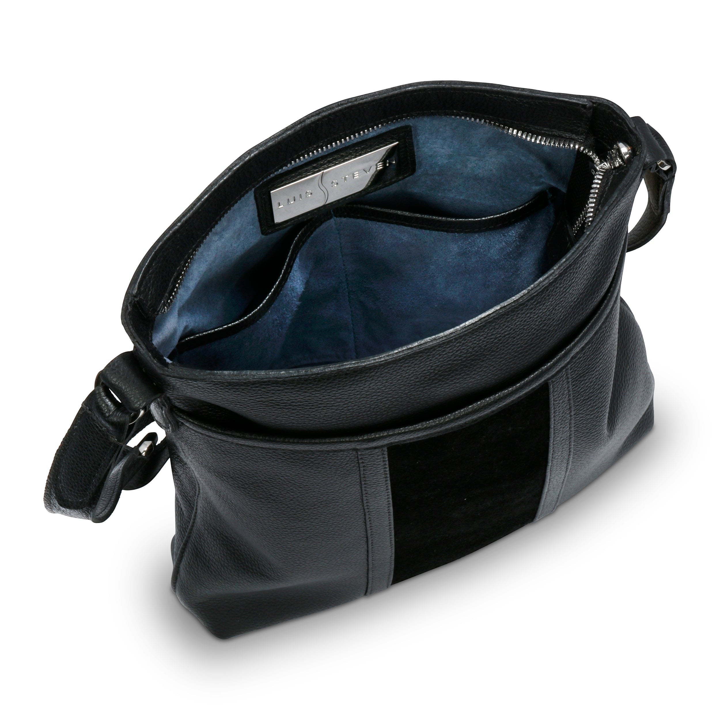 Luis Steven black pebble leather tablet crossbody bag with blue suede interior lining and nickel hardware details.
