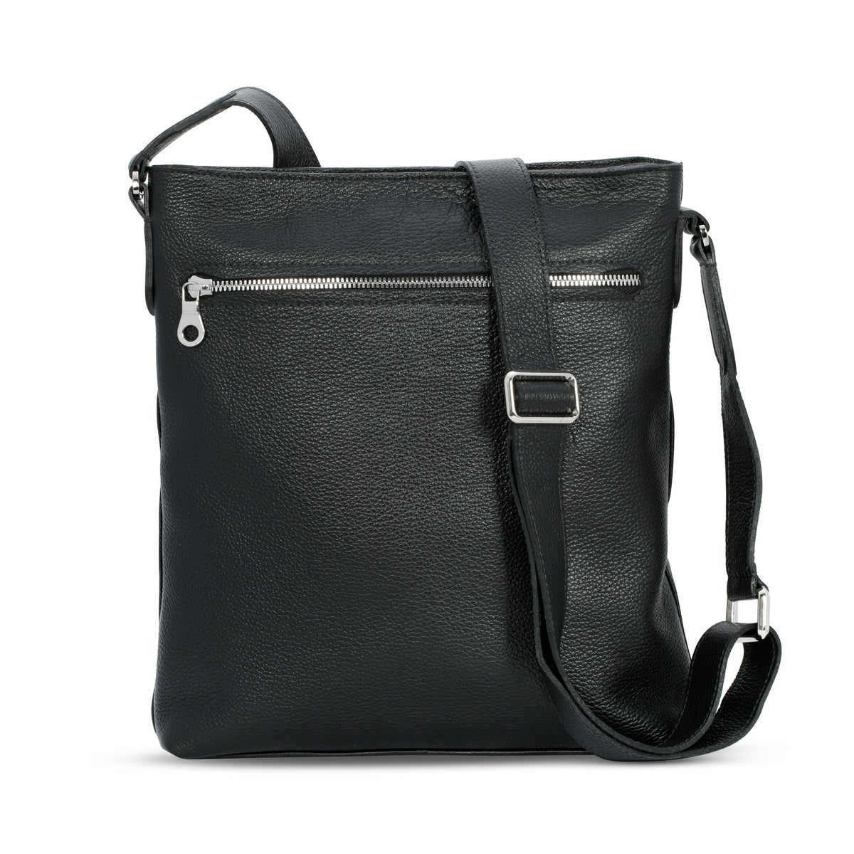 Luis Steven black pebble leather tablet crossbody bag with nickel hardware and adjustable strap