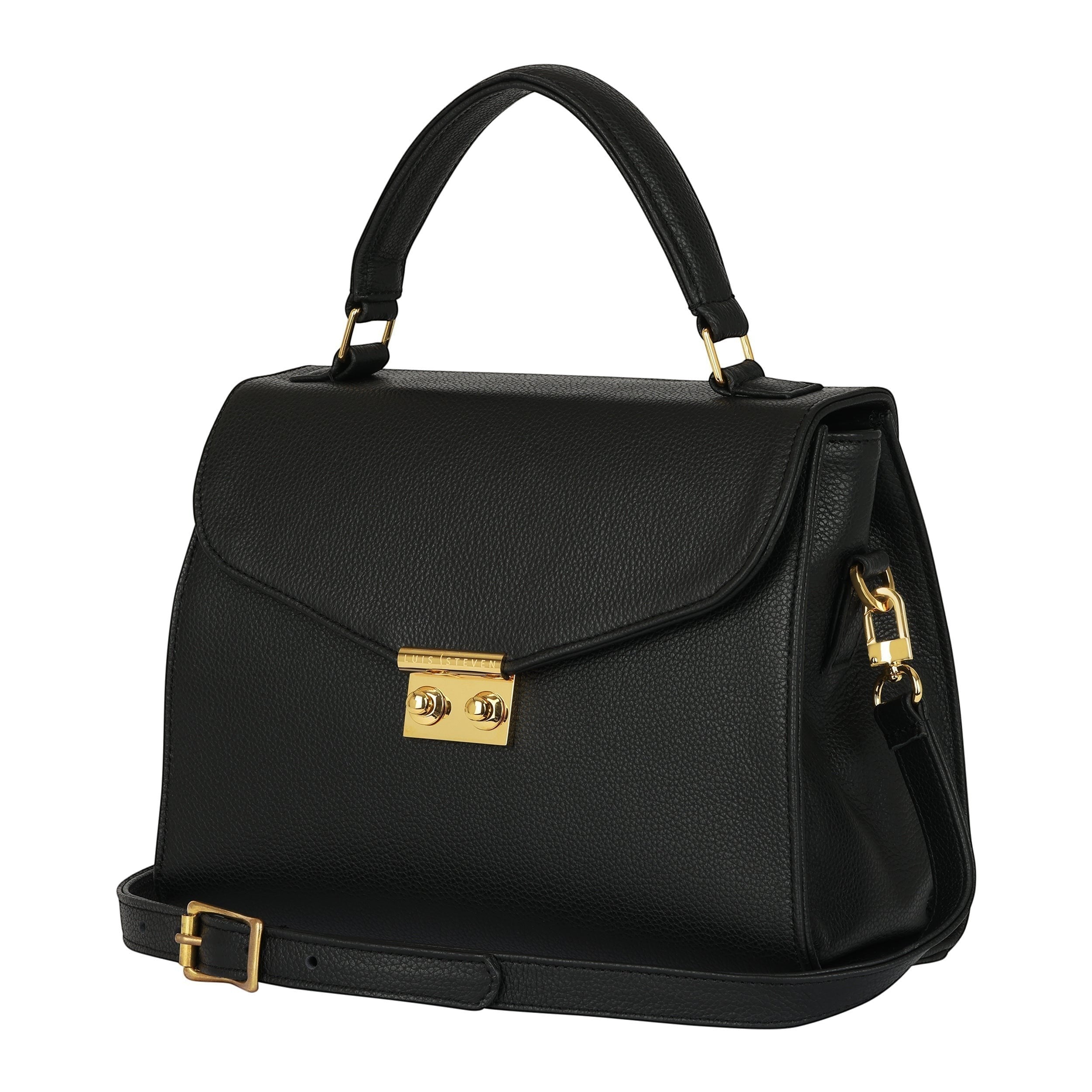 Luis Steven Maxine black pebble leather top handle bag with gold hardware and a crossbody strap.