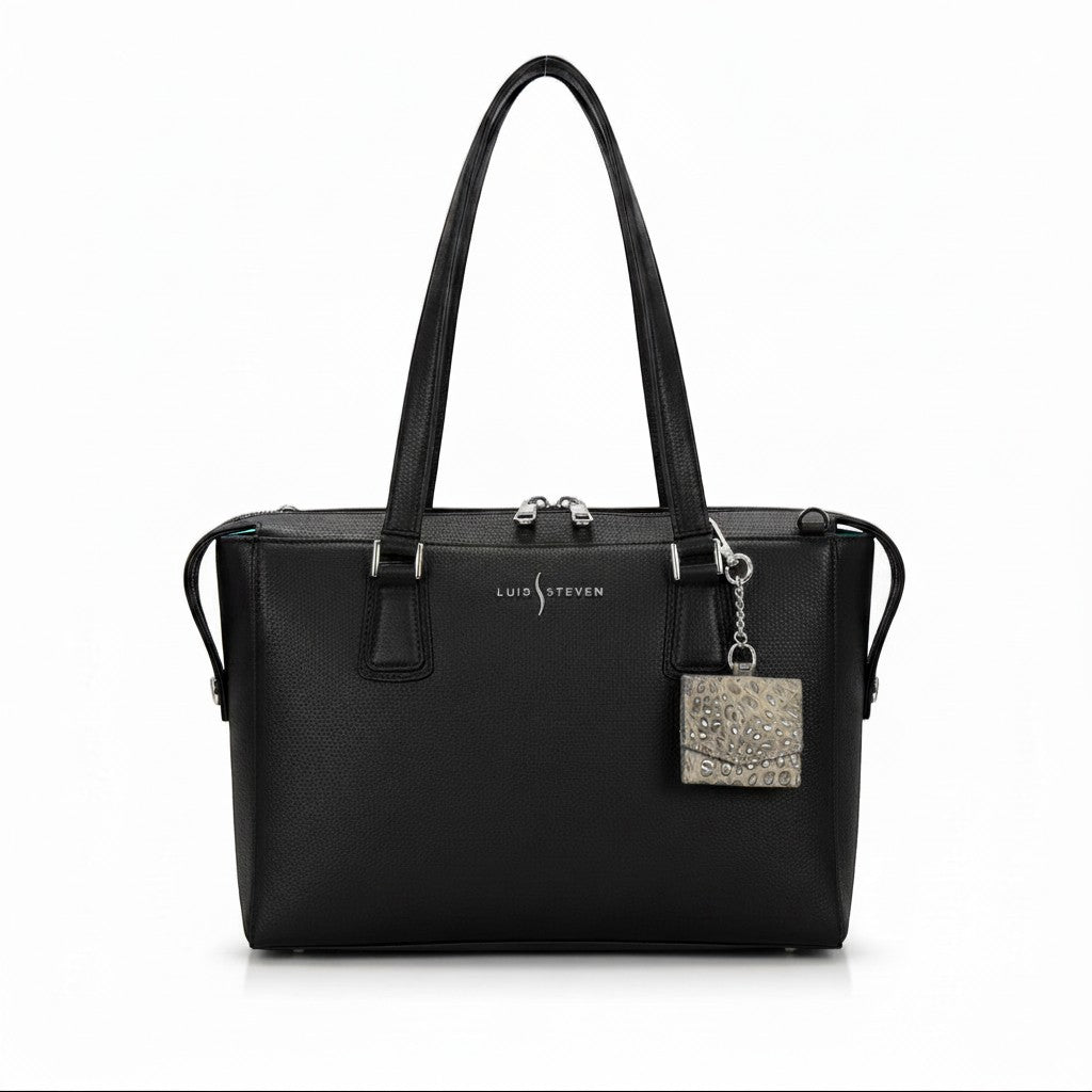 Luis Steven black pebble leather executive tote bag with top zipper closure and decorative charm. Includes shoulder straps and top handles.