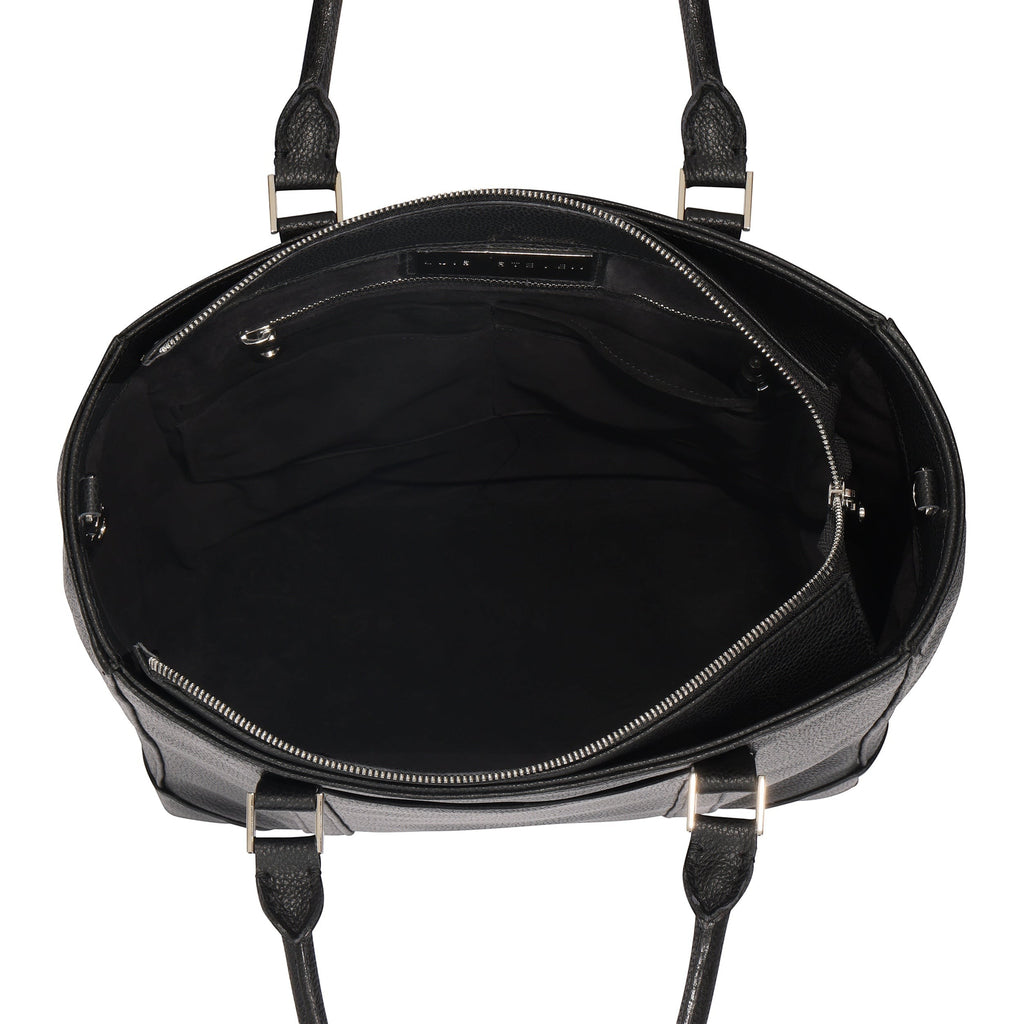 Luis Steven black pebble leather laptop tote bag interior view showing pockets and zipper closure