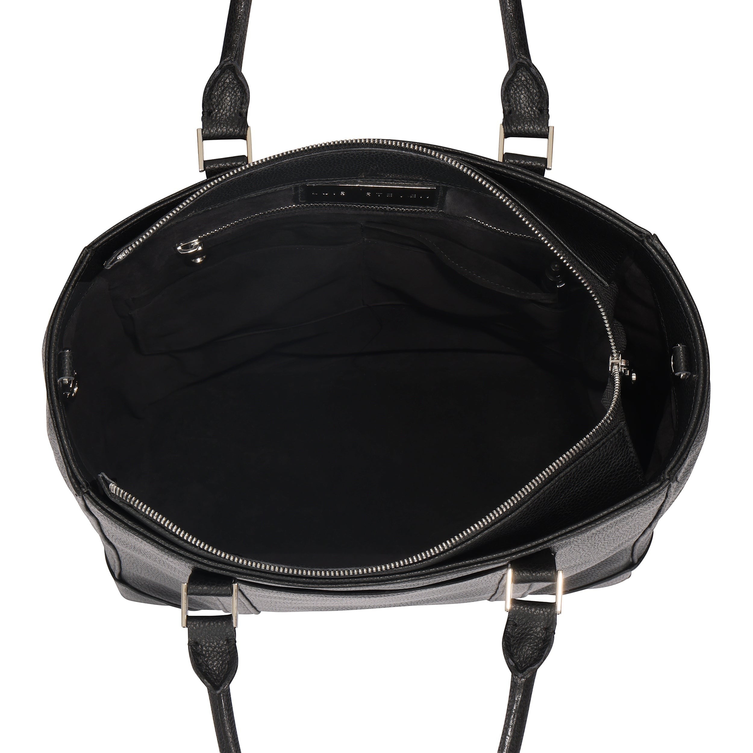 Luis Steven black pebble leather laptop tote bag interior view showing pockets and zipper closure