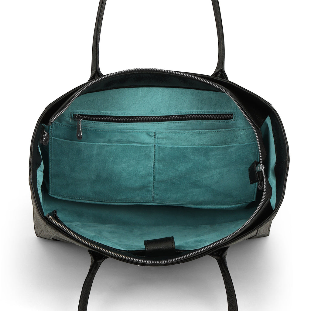 Luis Steven Medium Tote Pro 2.0 black pebble leather bag interior with teal suede lining and multiple storage pockets