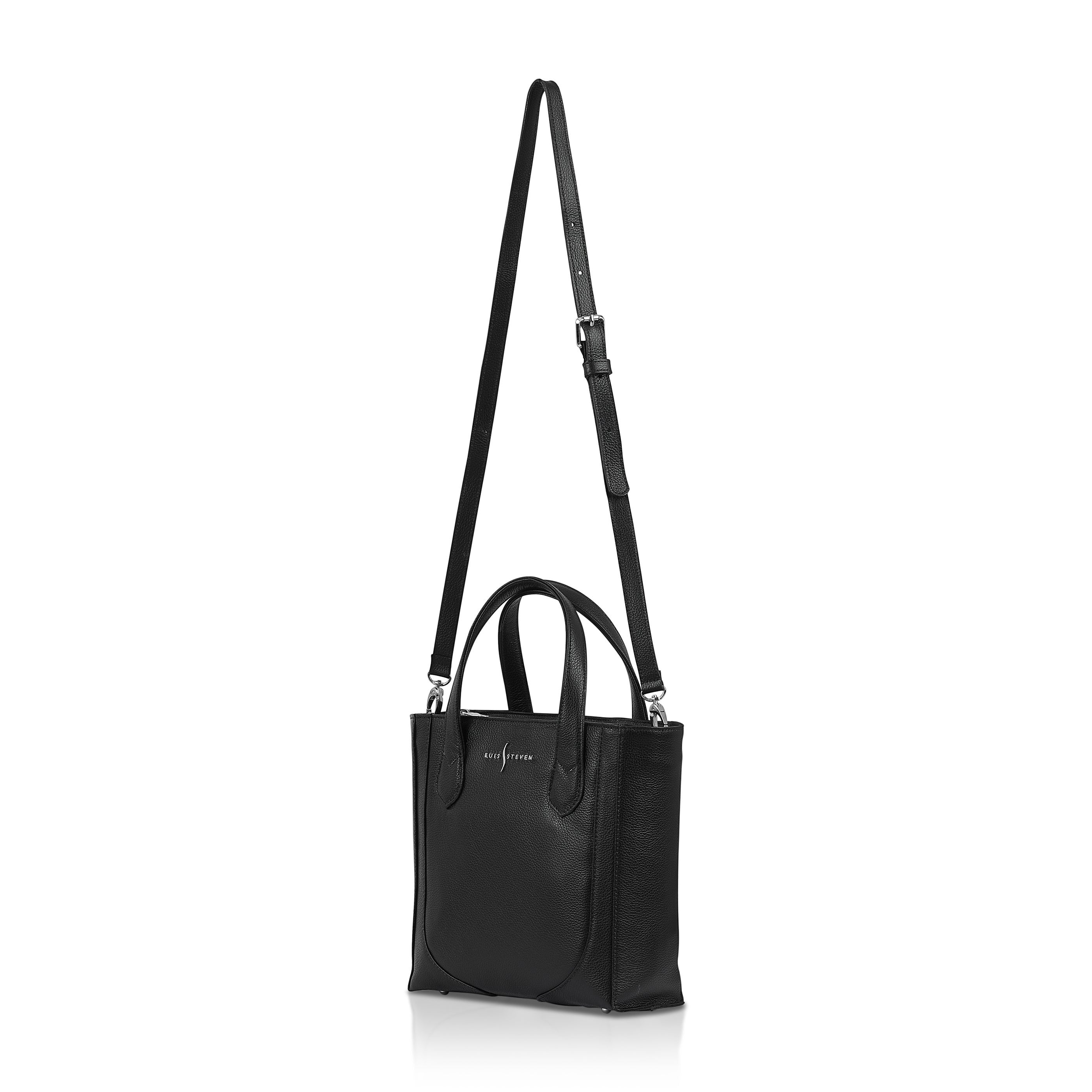 Luis Steven small black pebble leather bucket tote with top handles and an adjustable crossbody strap