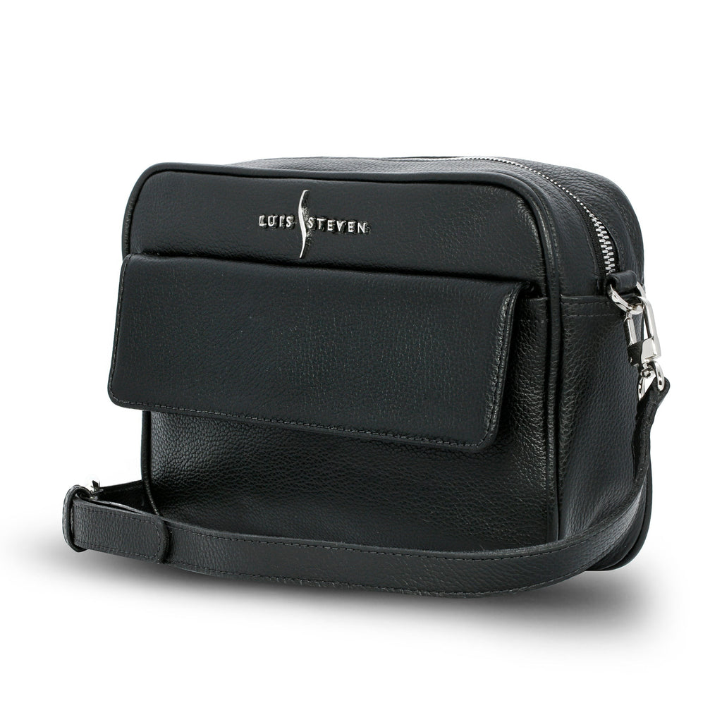 Luis Steven black pebble leather crossbody camera bag with front cell phone pocket and nickel hardware