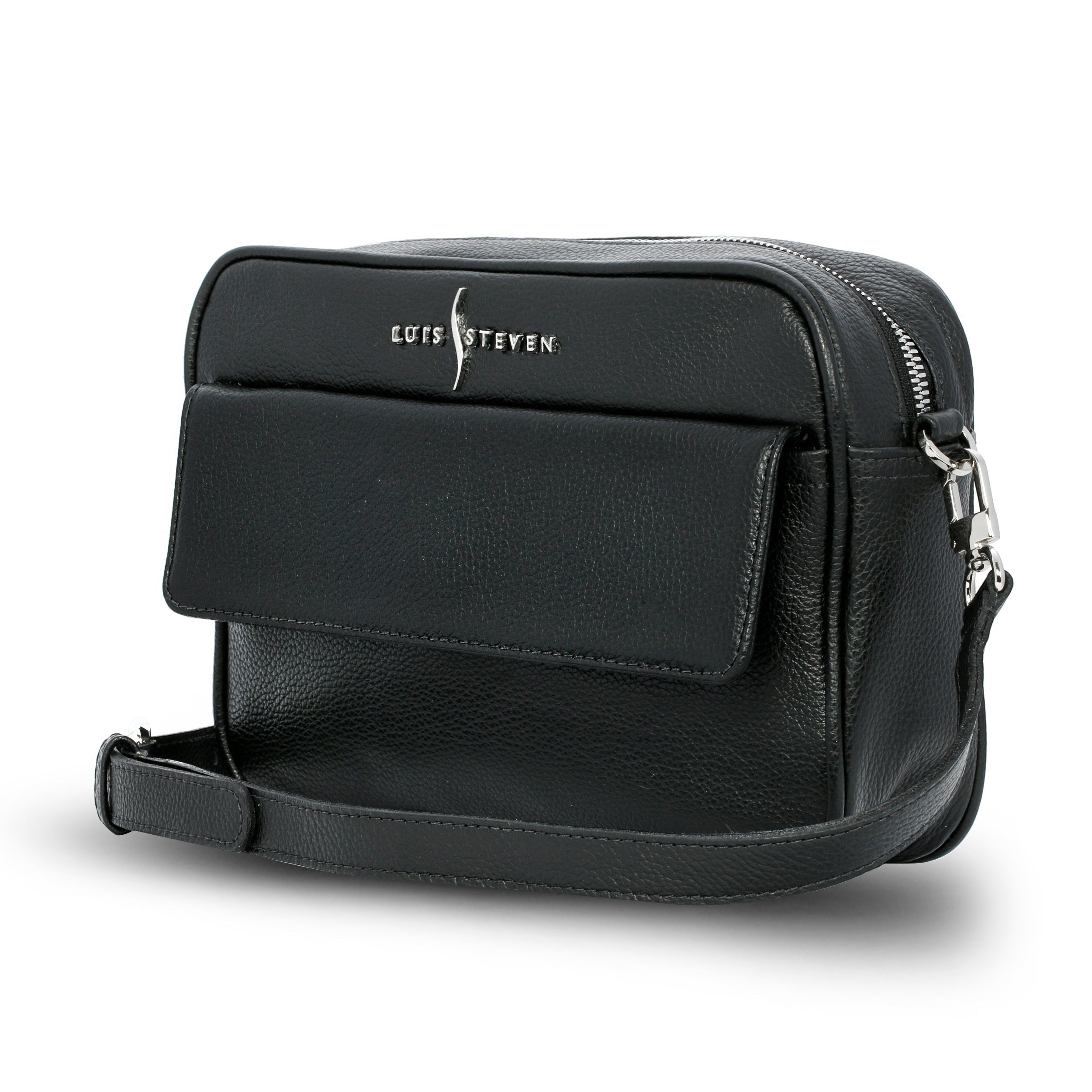 Luis Steven black pebble leather crossbody camera bag with front cell phone pocket and nickel hardware