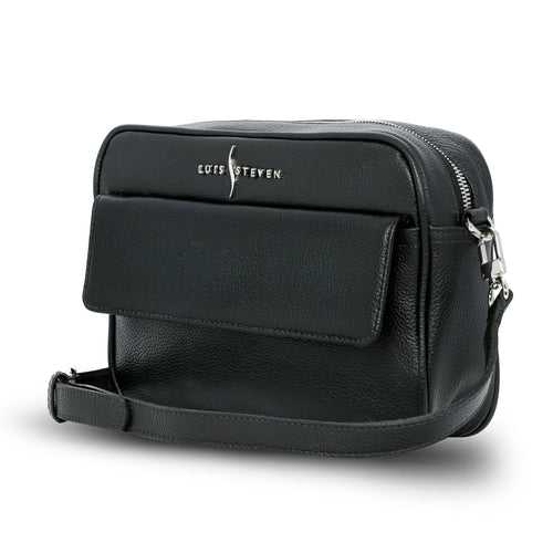 Luis Steven black pebble leather crossbody camera bag with front cell phone pocket and nickel hardware