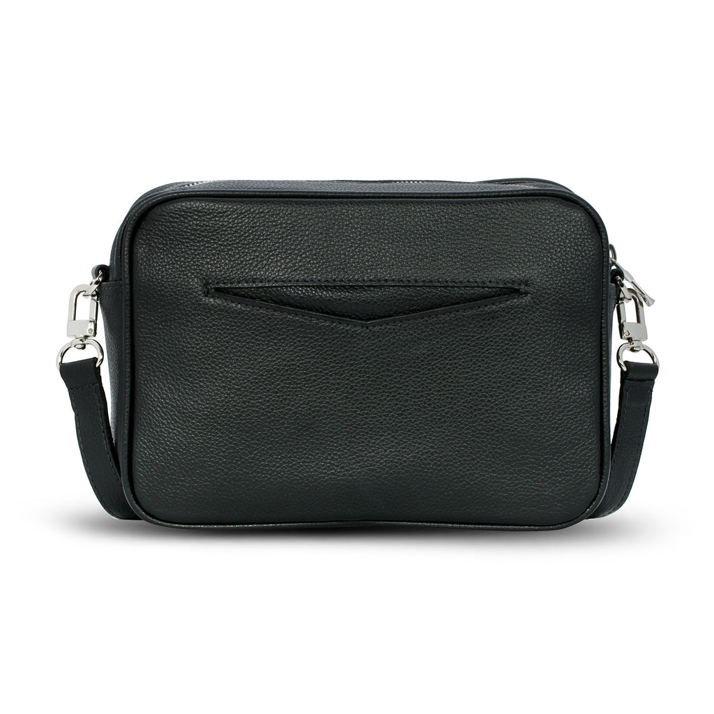 Luis Steven black pebble leather camera bag with a back slip pocket and nickel hardware details.