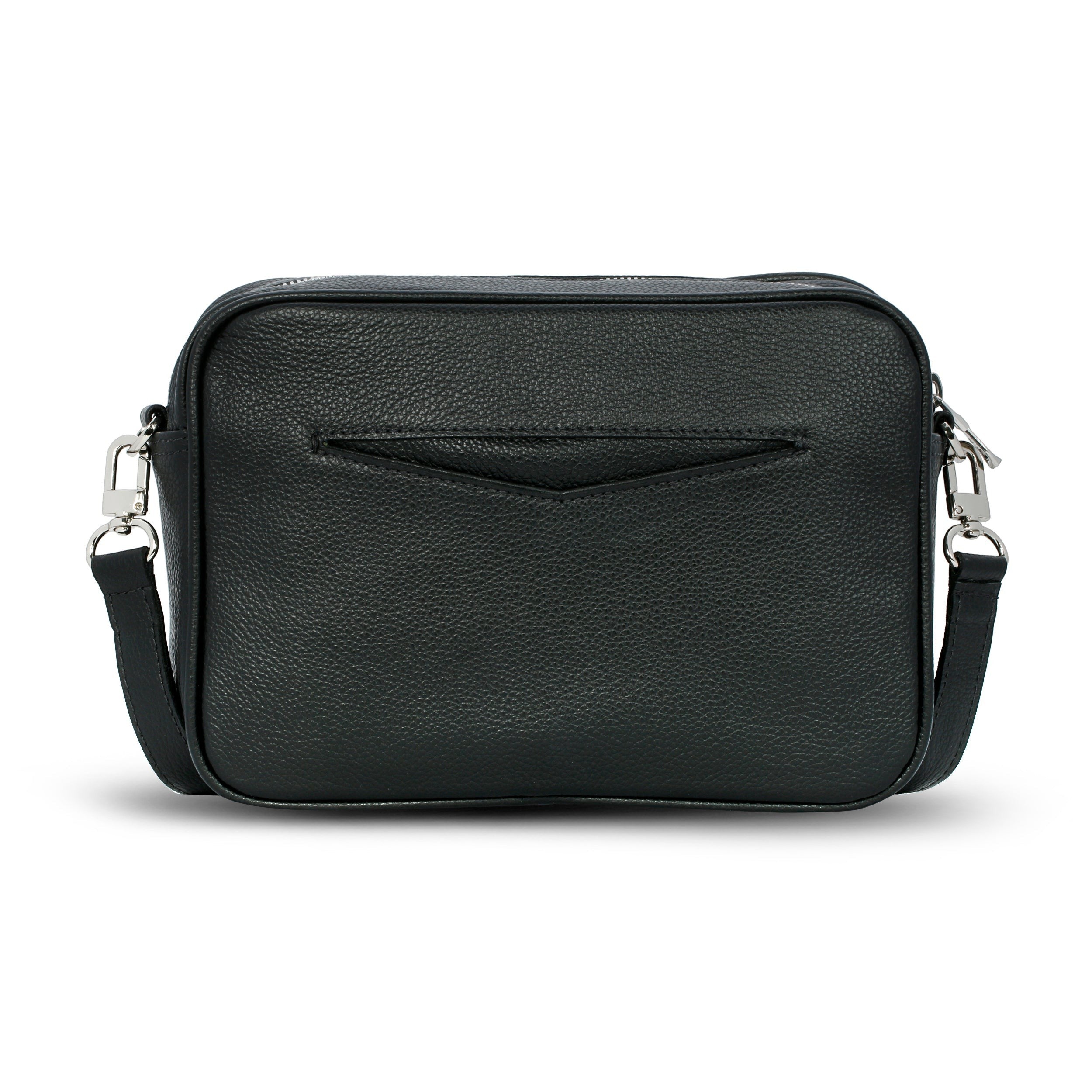 Luis Steven black pebble leather camera bag with a back slip pocket and nickel hardware details.